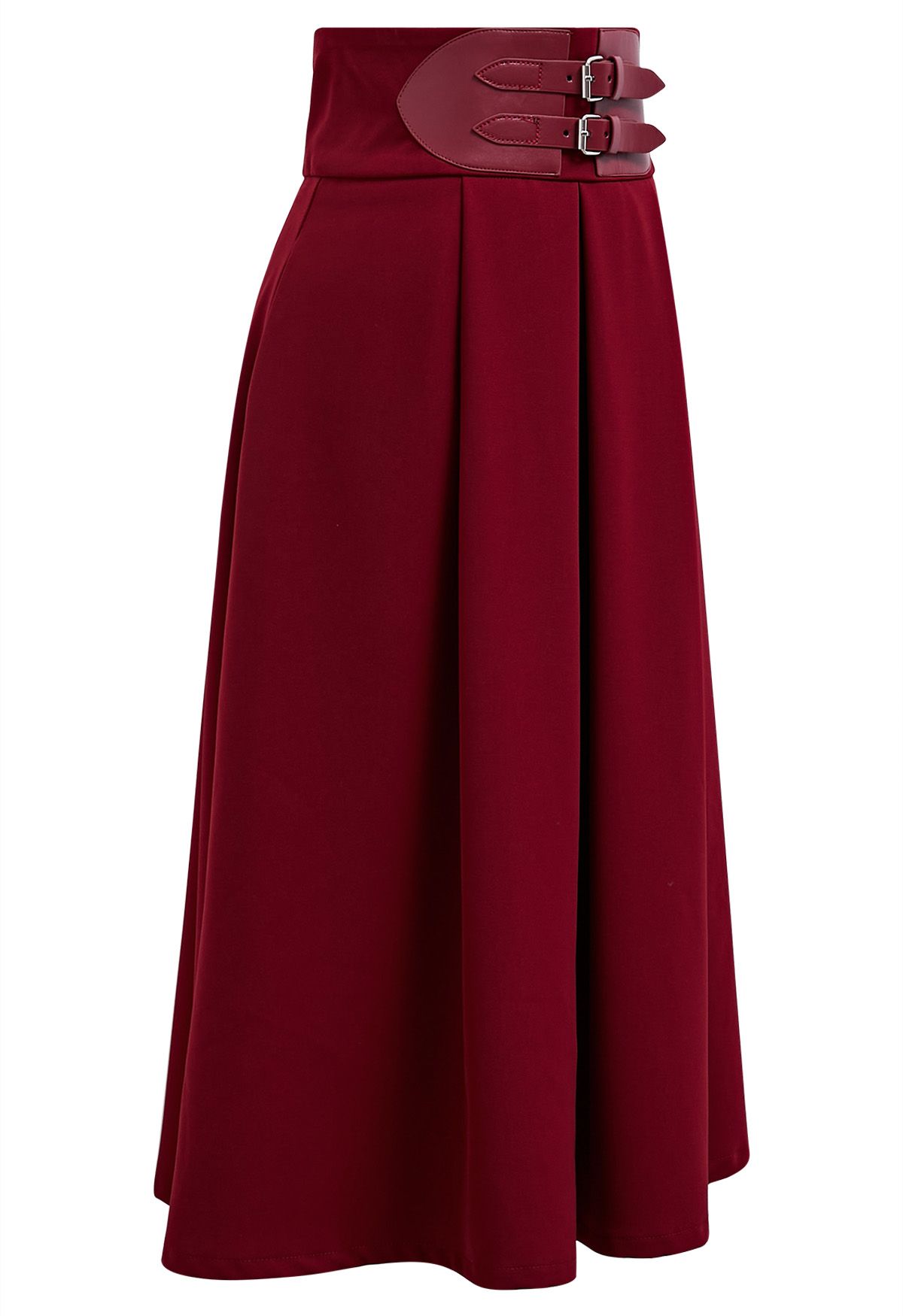 Belt Embellished High Waist Pleated Midi Skirt in Red
