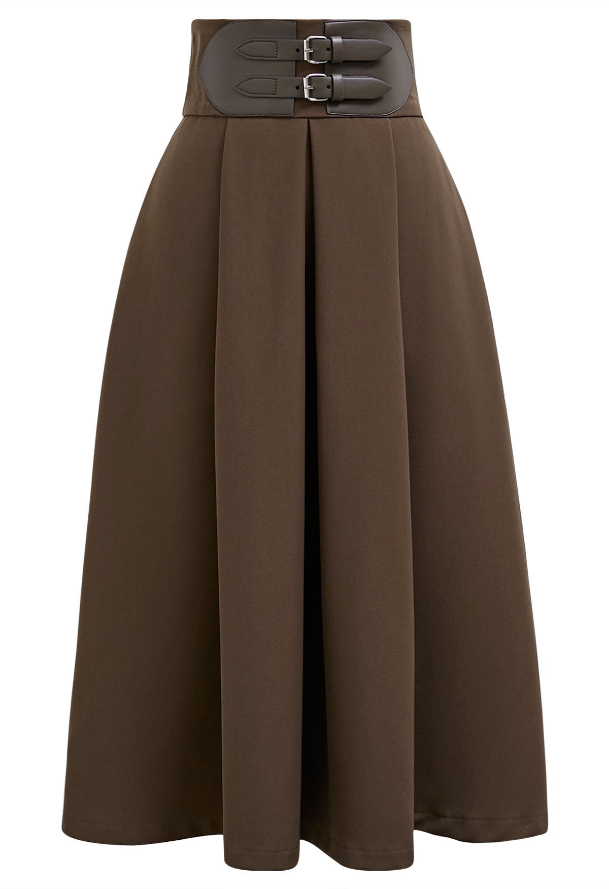 Belt Embellished High Waist Pleated Midi Skirt in Dark Khaki