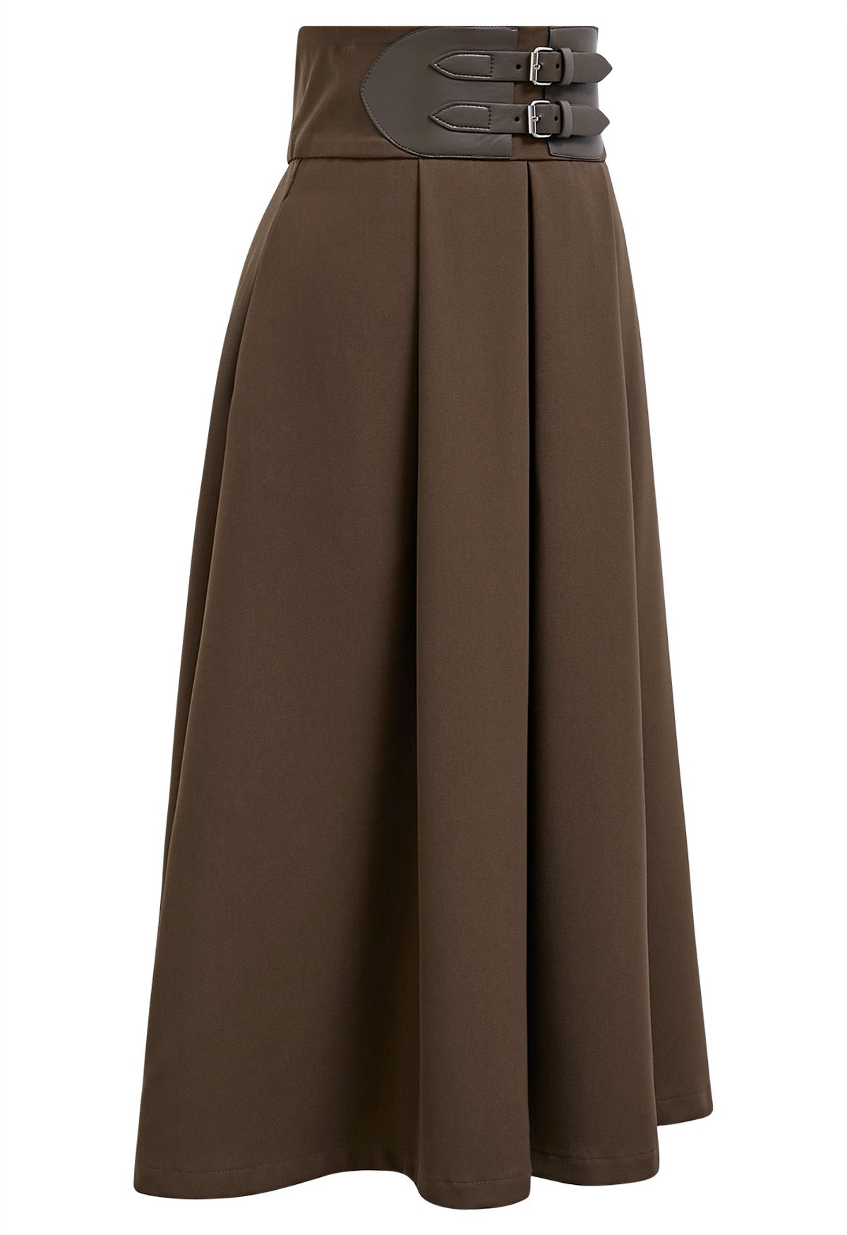 Belt Embellished High Waist Pleated Midi Skirt in Dark Khaki