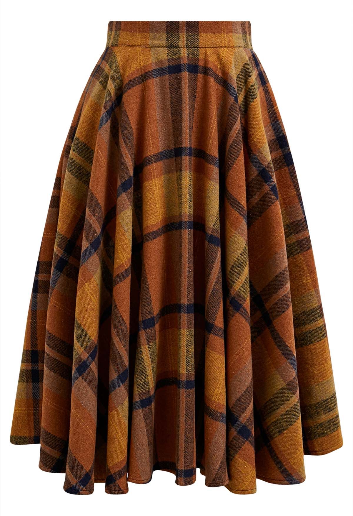 Perfect in Plaid A-Line Wool-Blend Midi Skirt in Pumpkin