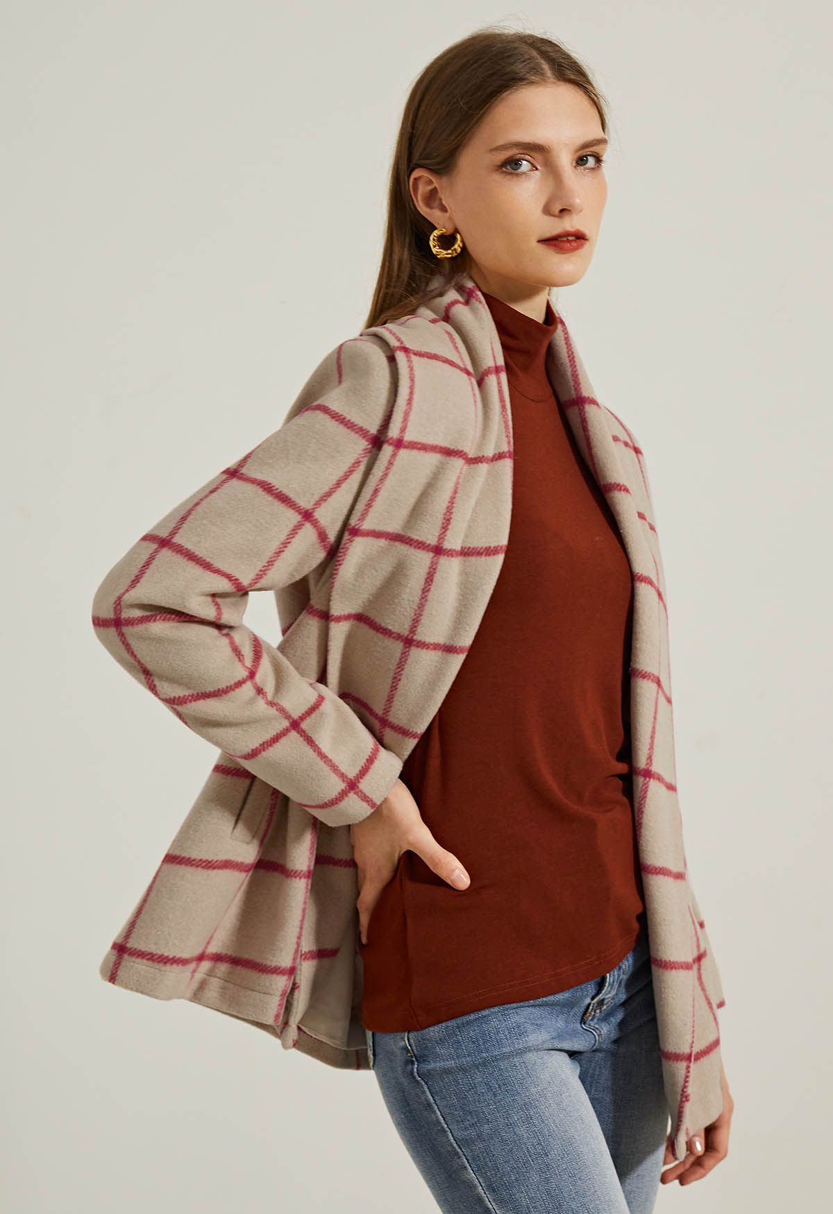 Check Open Front Wool-Blend Coat in Camel