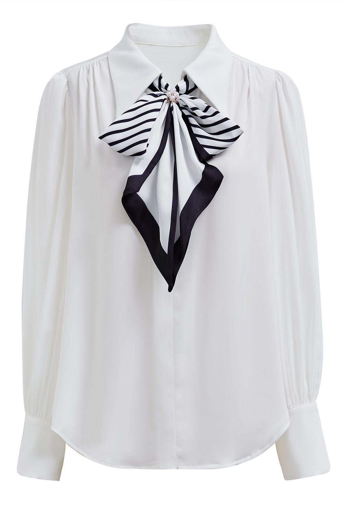 Vogue Detachable Bowknot Satin Shirt in White