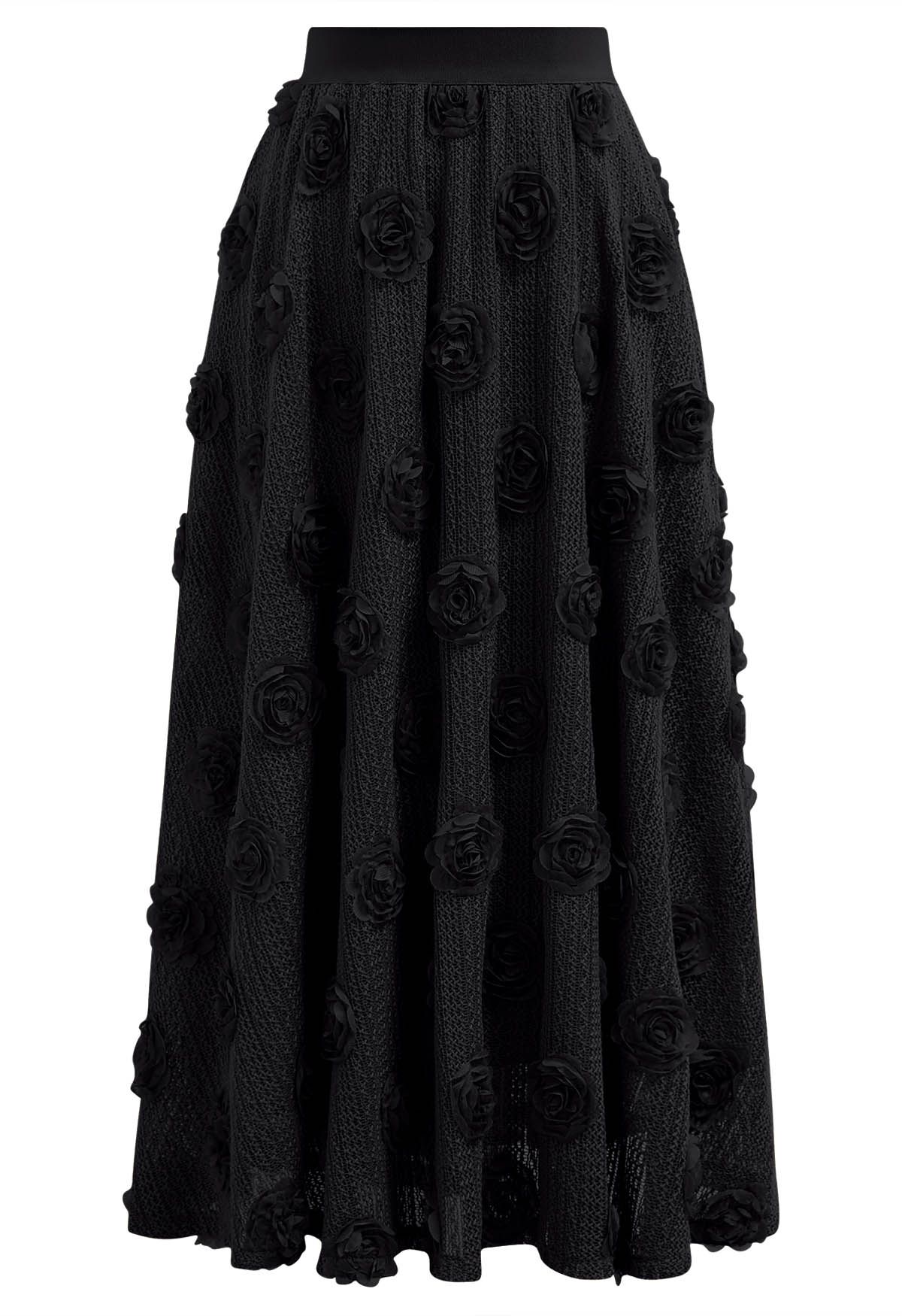 3D Rose Openwork Cotton Midi Skirt in Black