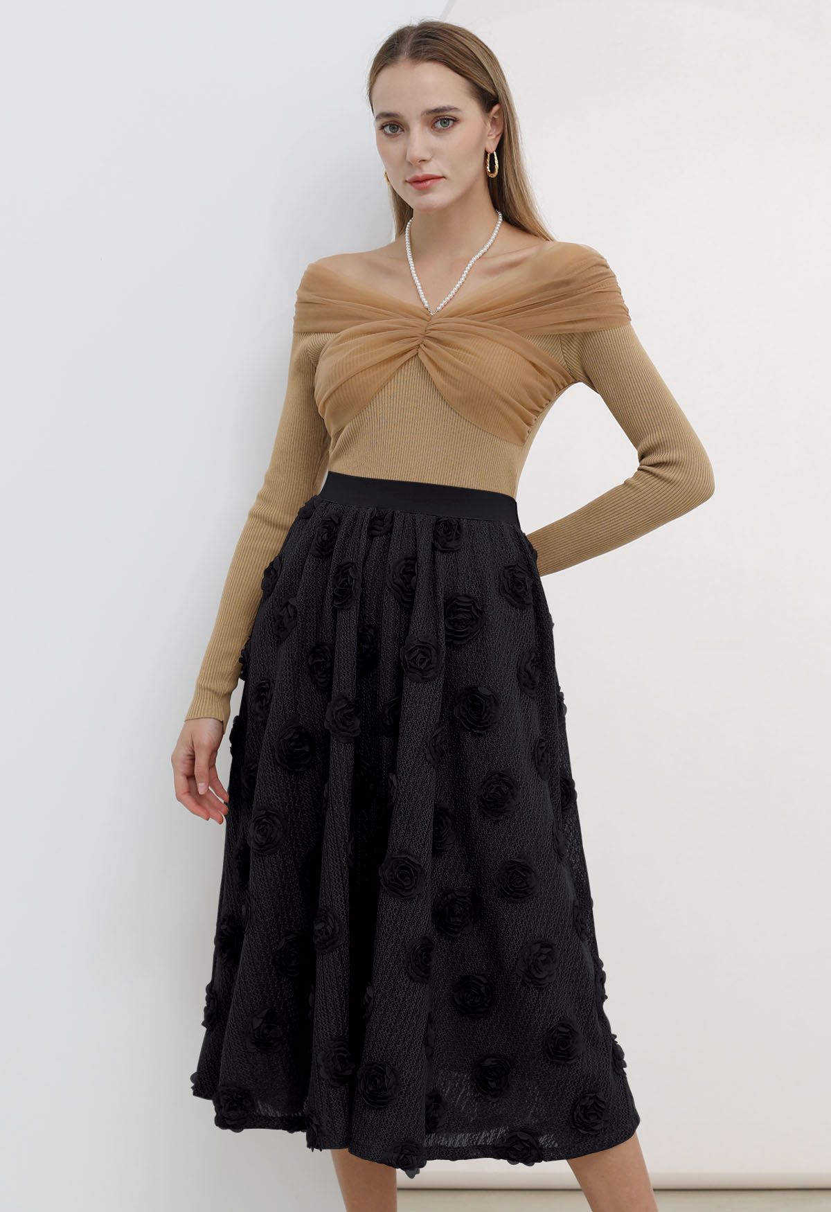3D Rose Openwork Cotton Midi Skirt in Black