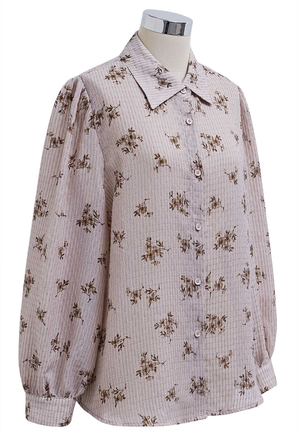 Floret Print Texture Button Down Shirt in Dusty Pink
