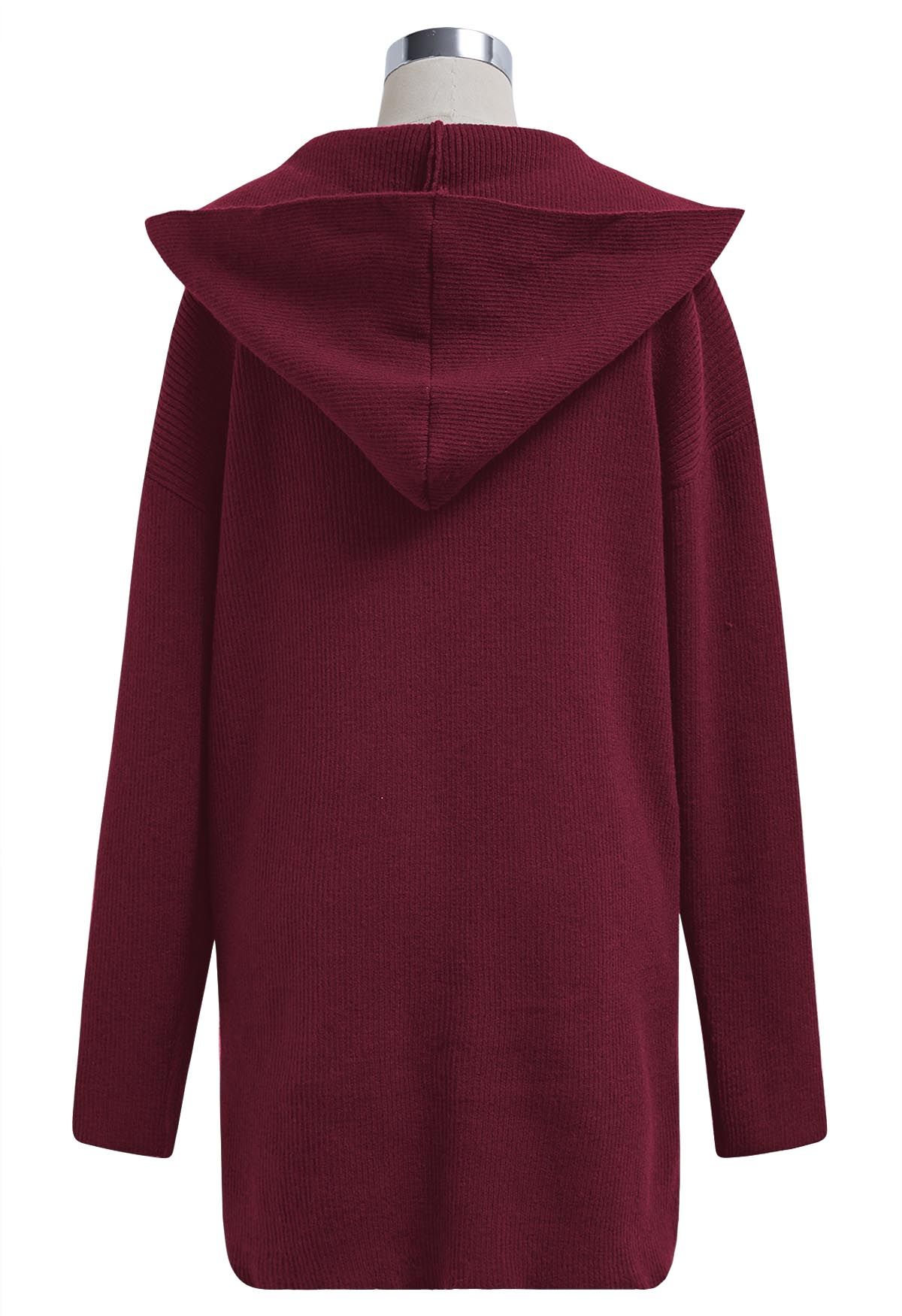 Patch Pockets Open Front Hooded Cardigan in Burgundy