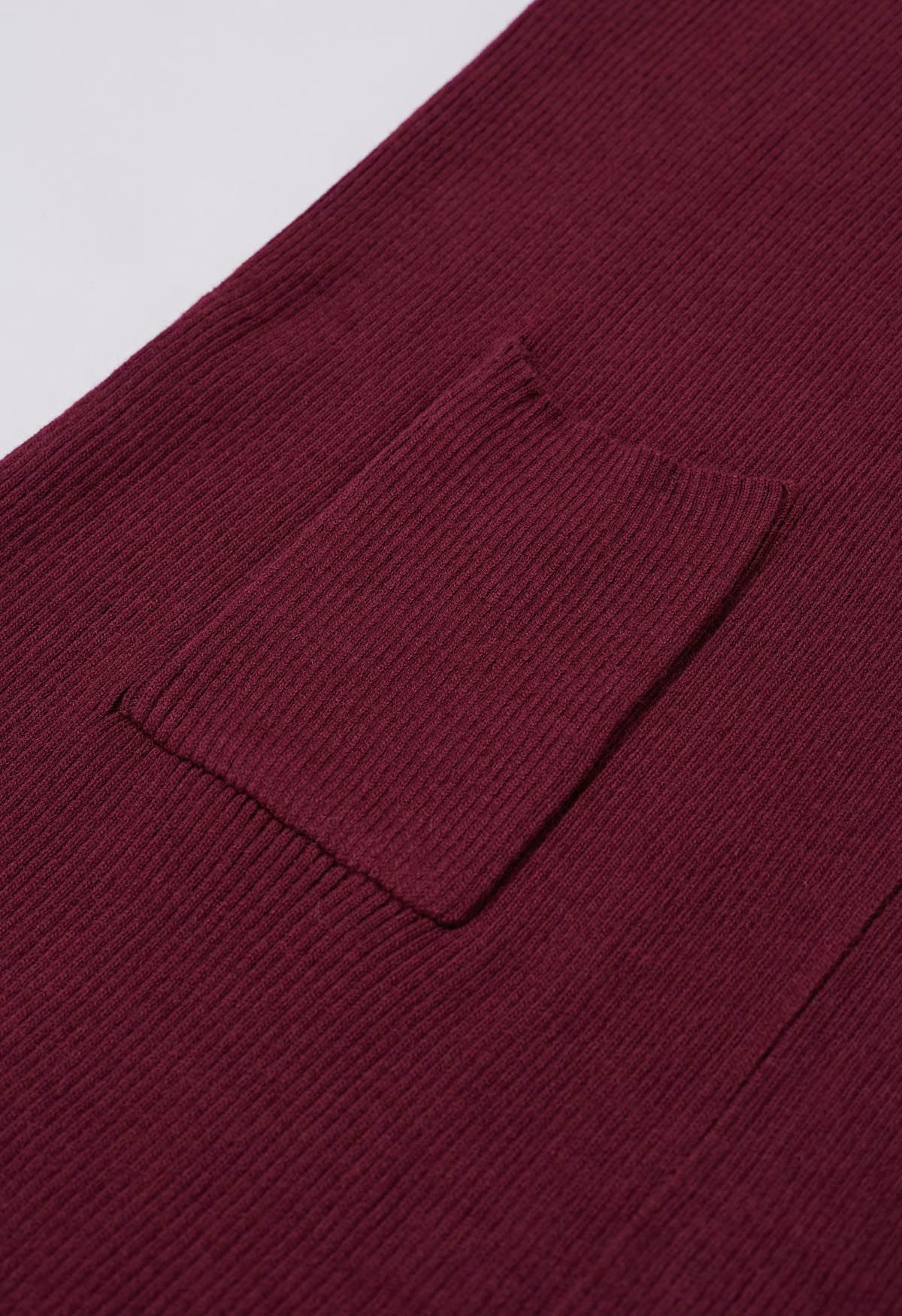 Patch Pockets Open Front Hooded Cardigan in Burgundy