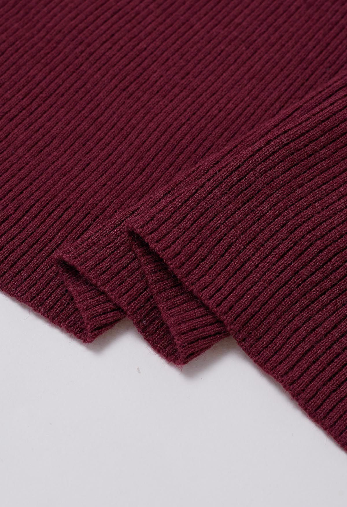 Patch Pockets Open Front Hooded Cardigan in Burgundy