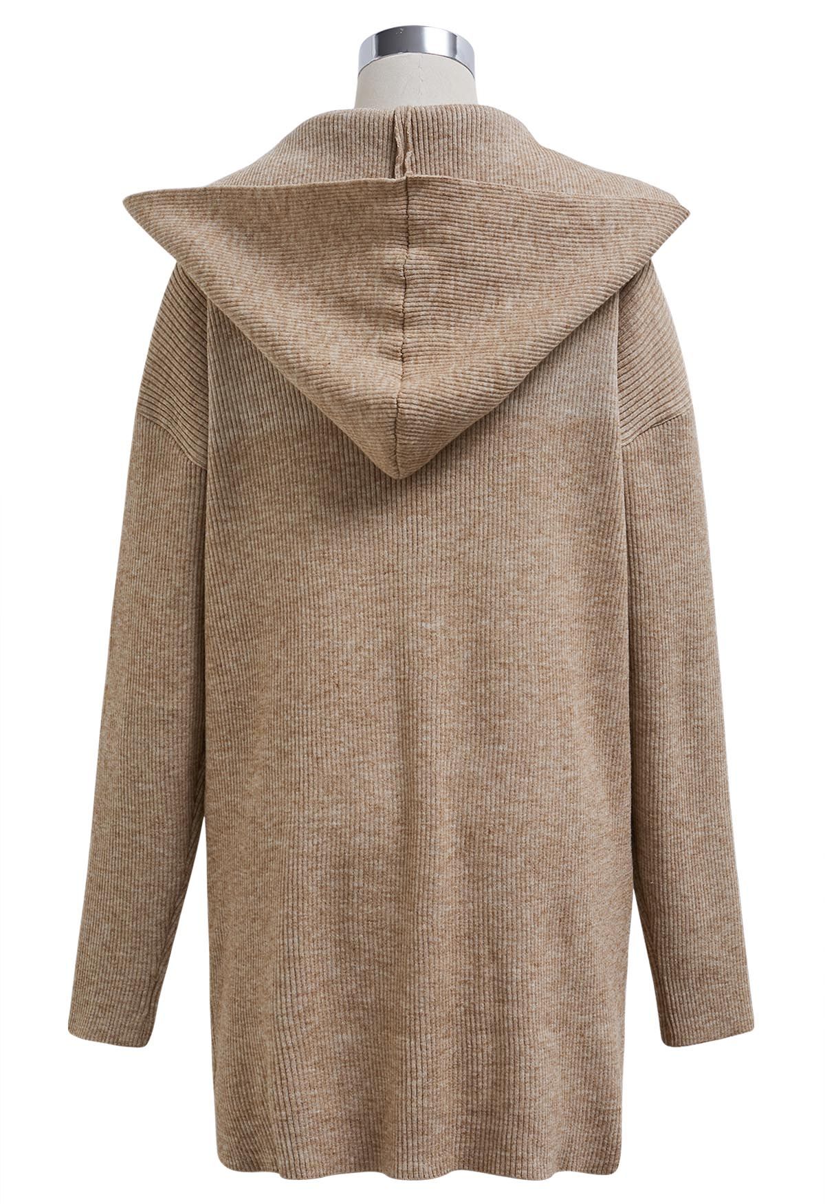 Patch Pockets Open Front Hooded Cardigan in Camel