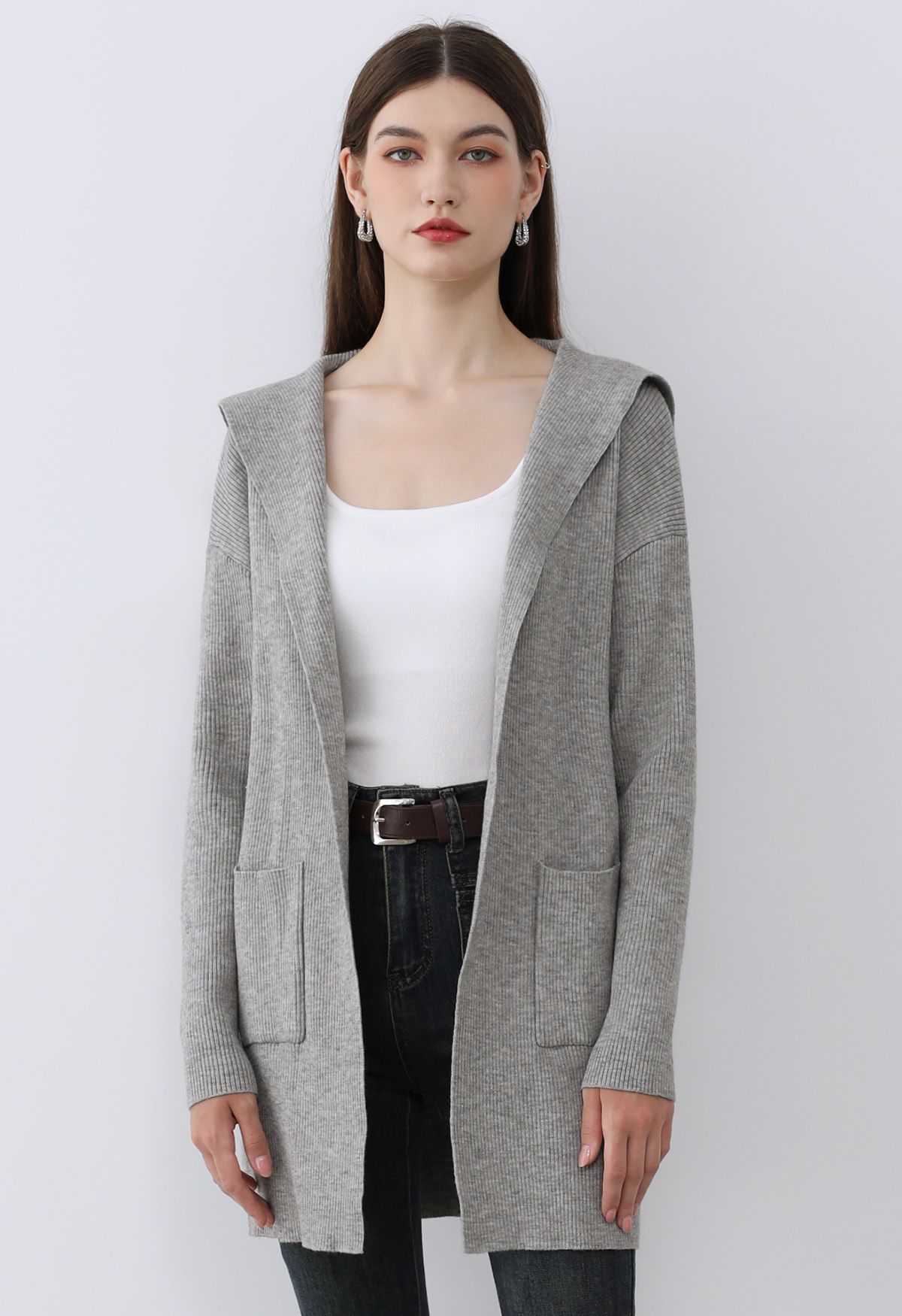 Patch Pockets Open Front Hooded Cardigan in Grey