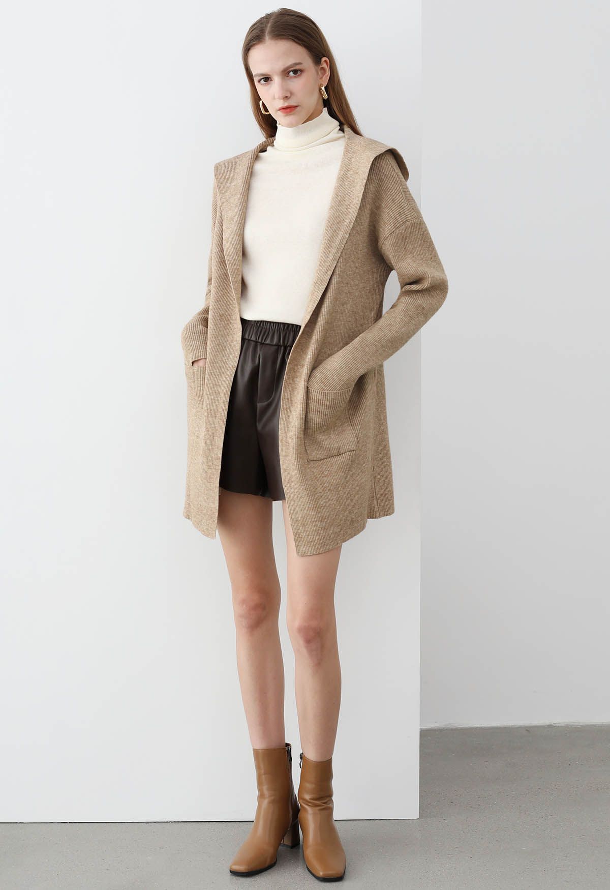 Patch Pockets Open Front Hooded Cardigan in Camel