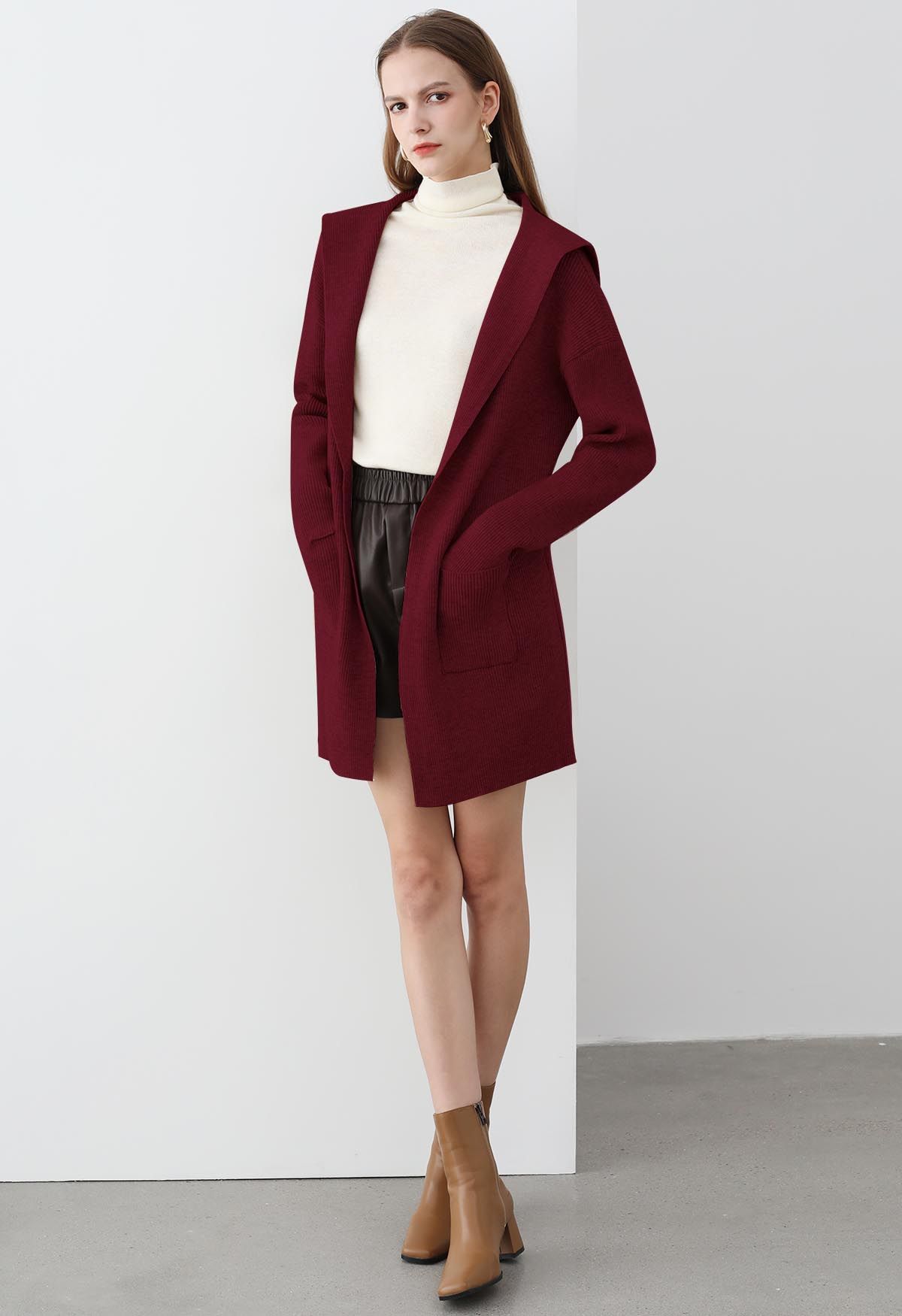 Patch Pockets Open Front Hooded Cardigan in Burgundy