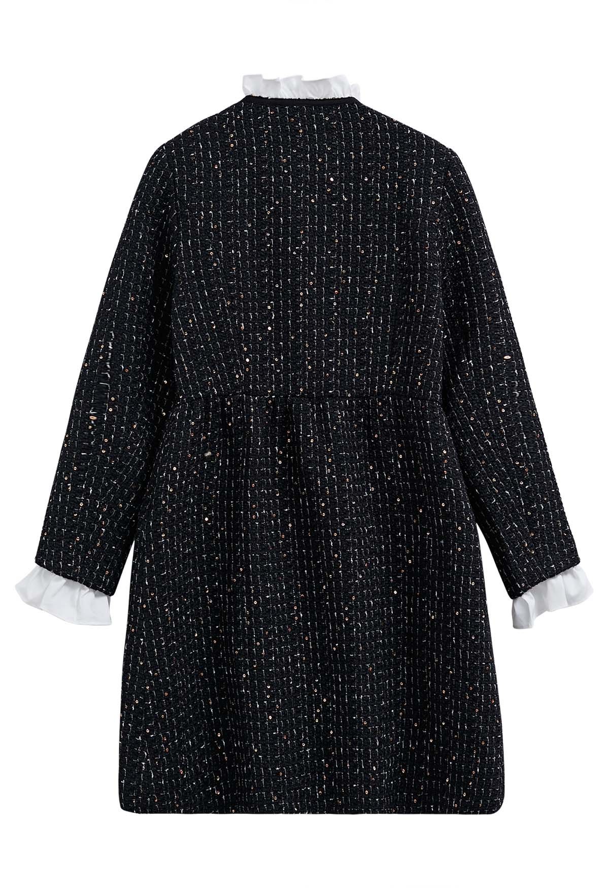 Contrast Ruffle Trim Sequin Grid Tweed Coat Dress