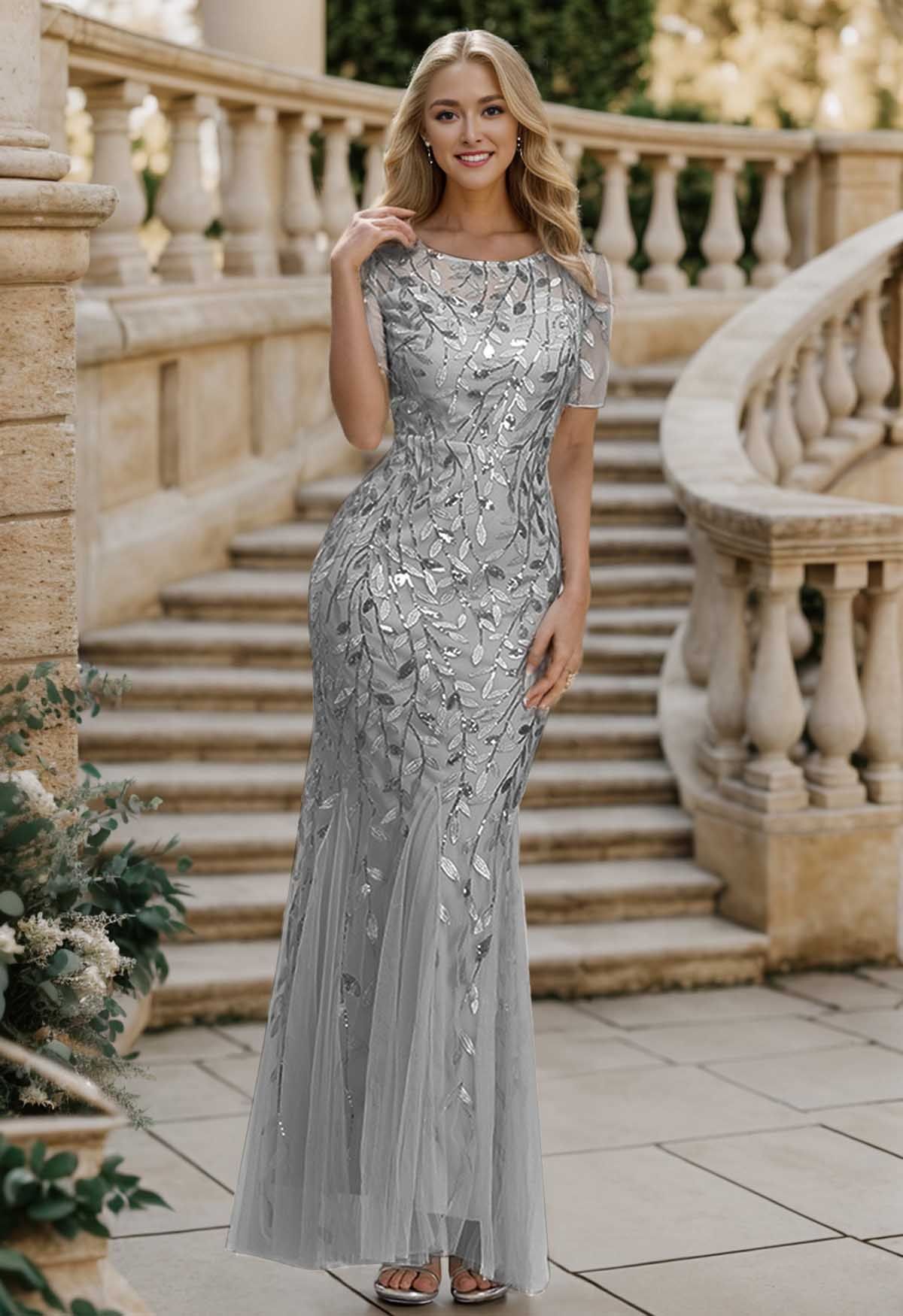Leaves Branch Sequined Mesh Panelled Gown in Grey