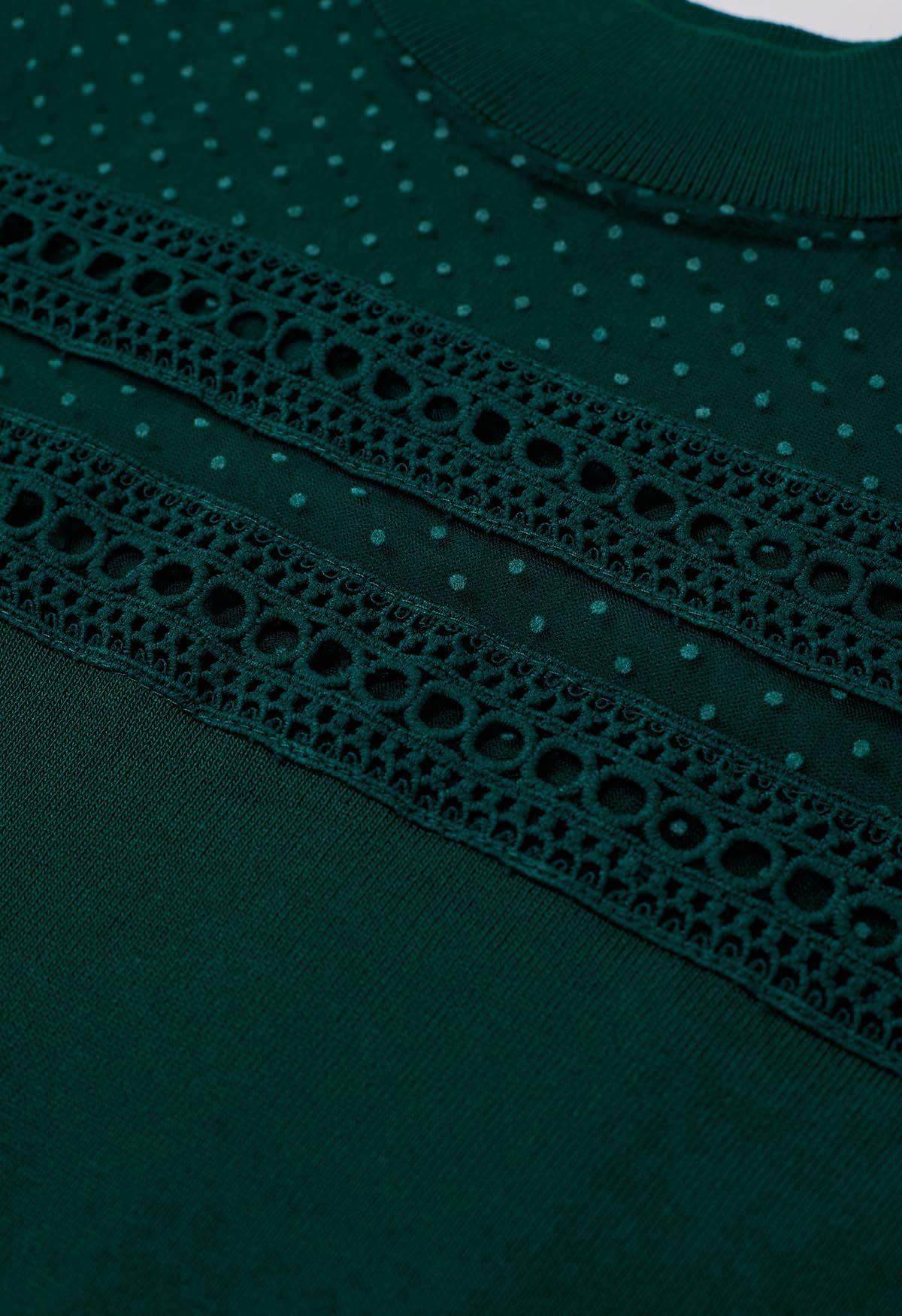 Flock Dots Mesh Spliced Knit Top in Emerald