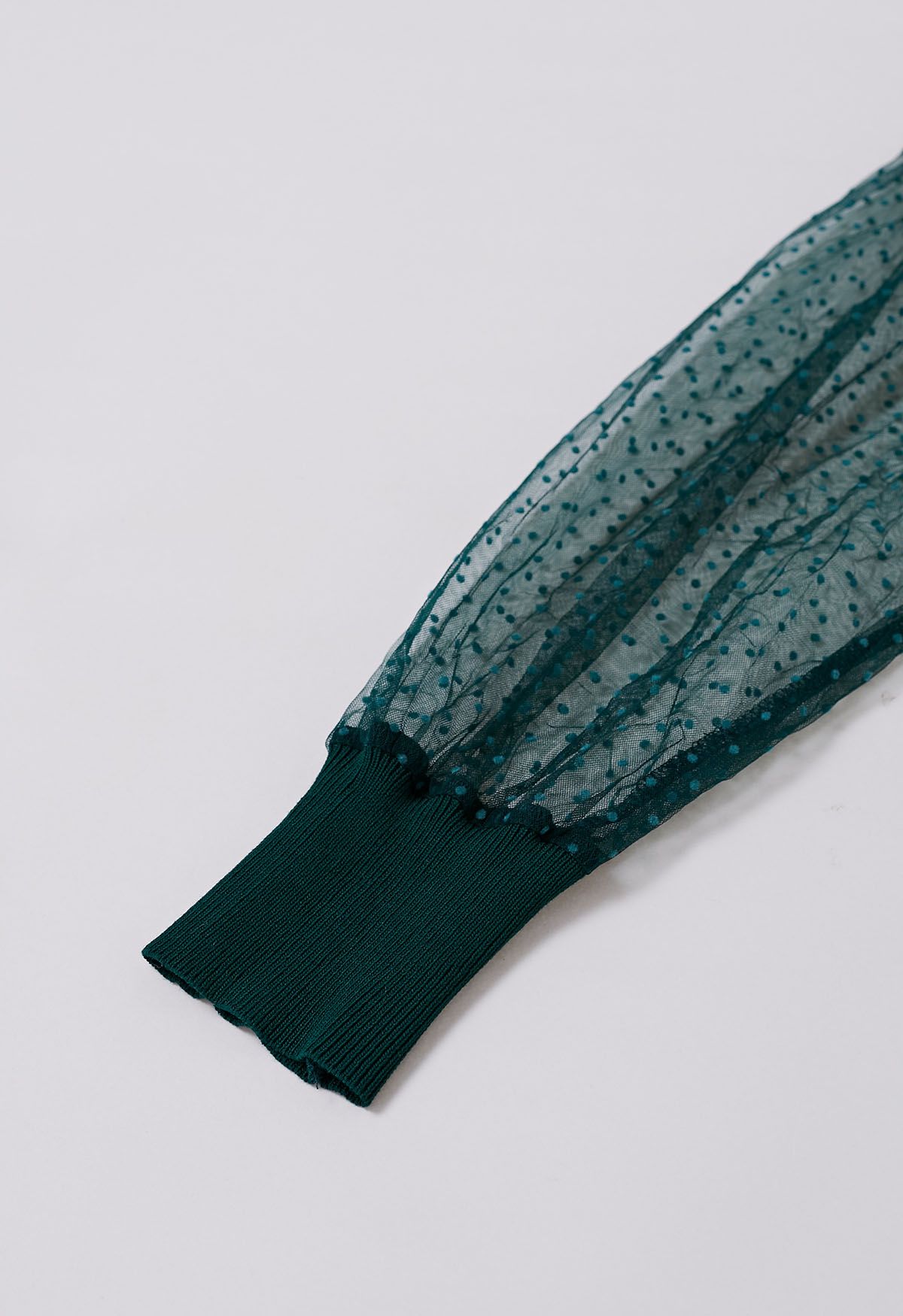 Flock Dots Mesh Spliced Knit Top in Emerald