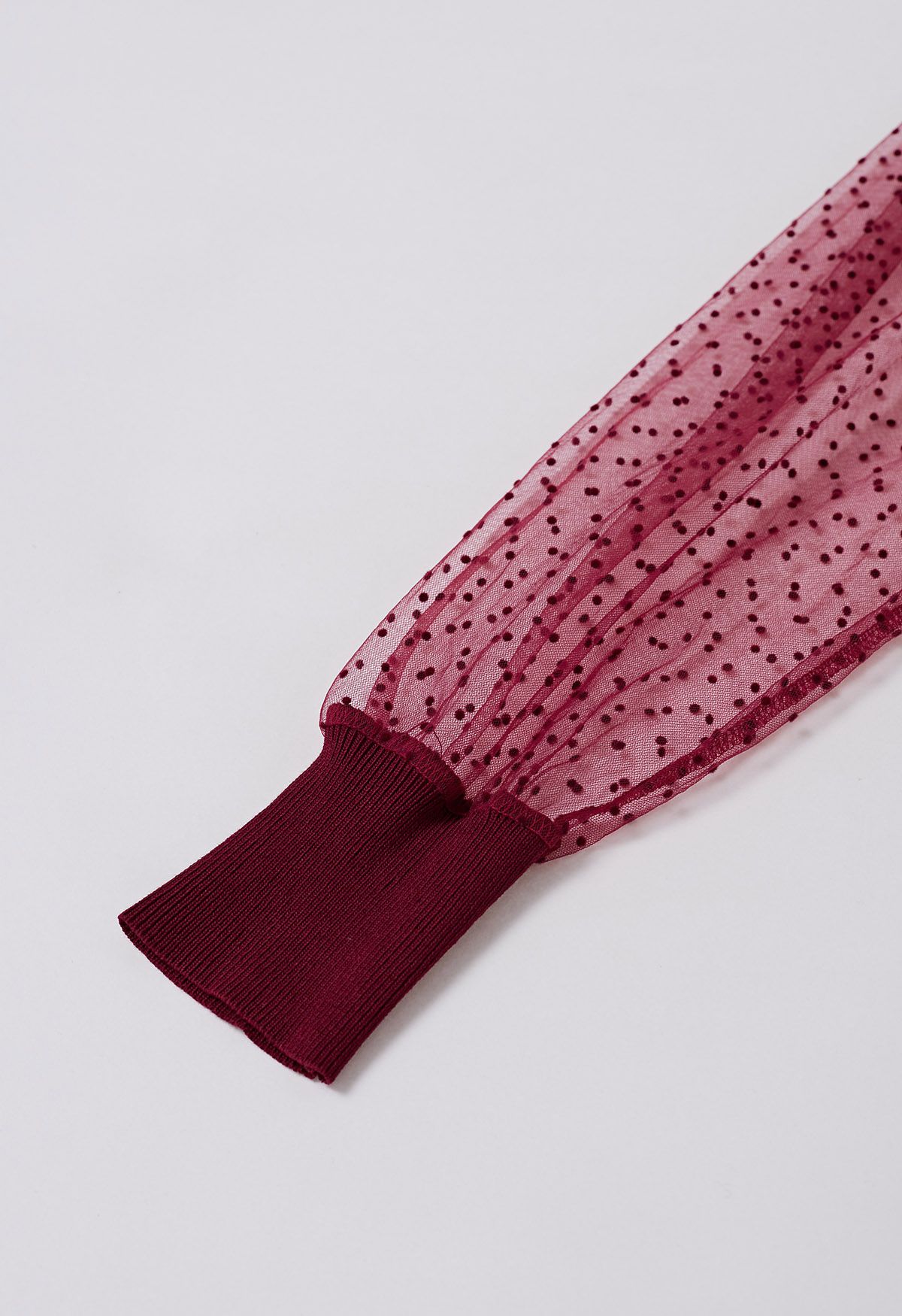 Flock Dots Mesh Spliced Knit Top in Burgundy