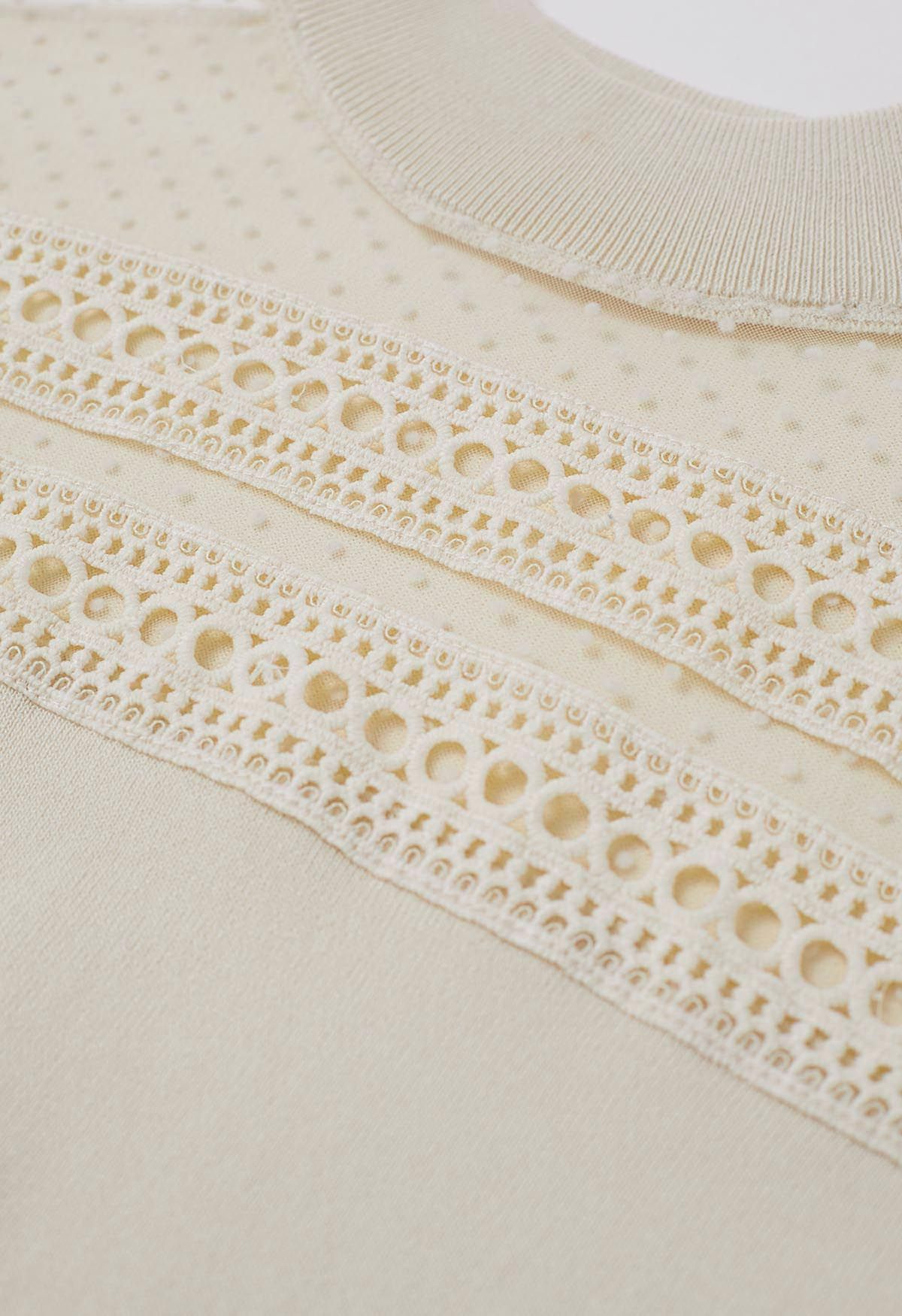 Flock Dots Mesh Spliced Knit Top in Cream
