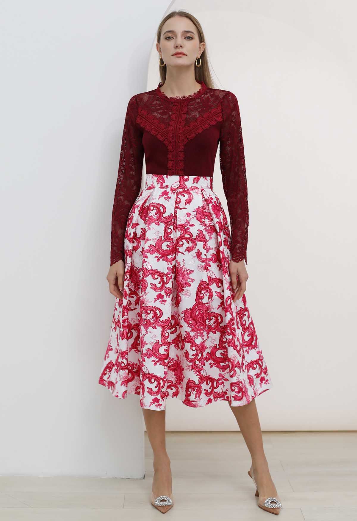 Vibrant Red Blossom Jacquard Pleated Midi Skirt