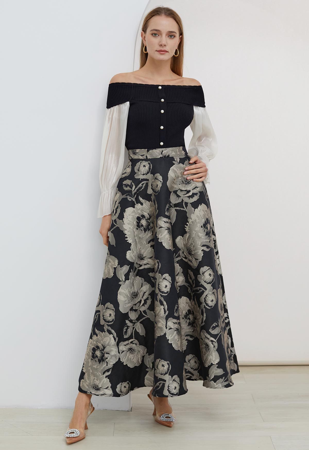Lustrous Floral Jacquard A-Line Maxi Skirt