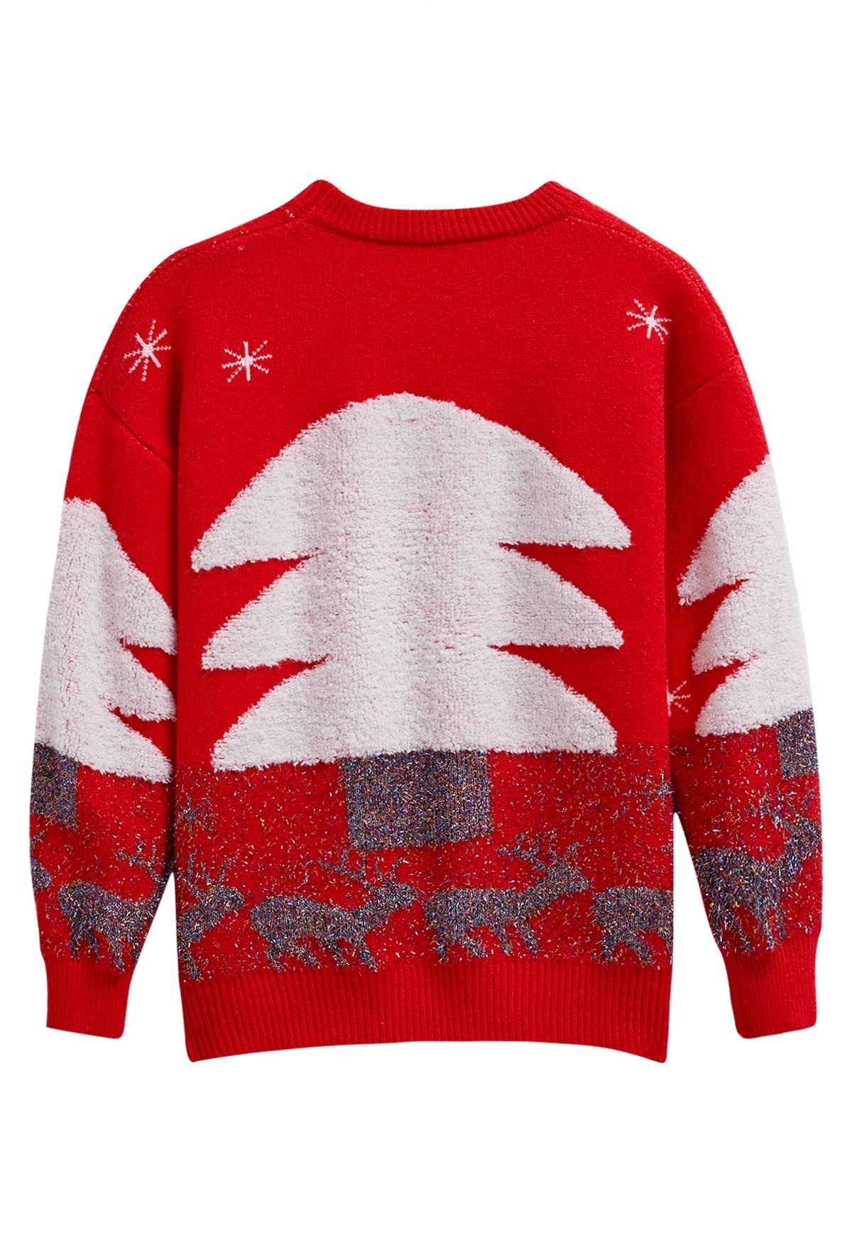 Joyful Christmas Tree and Elk Jacquard Knit Sweater in Red