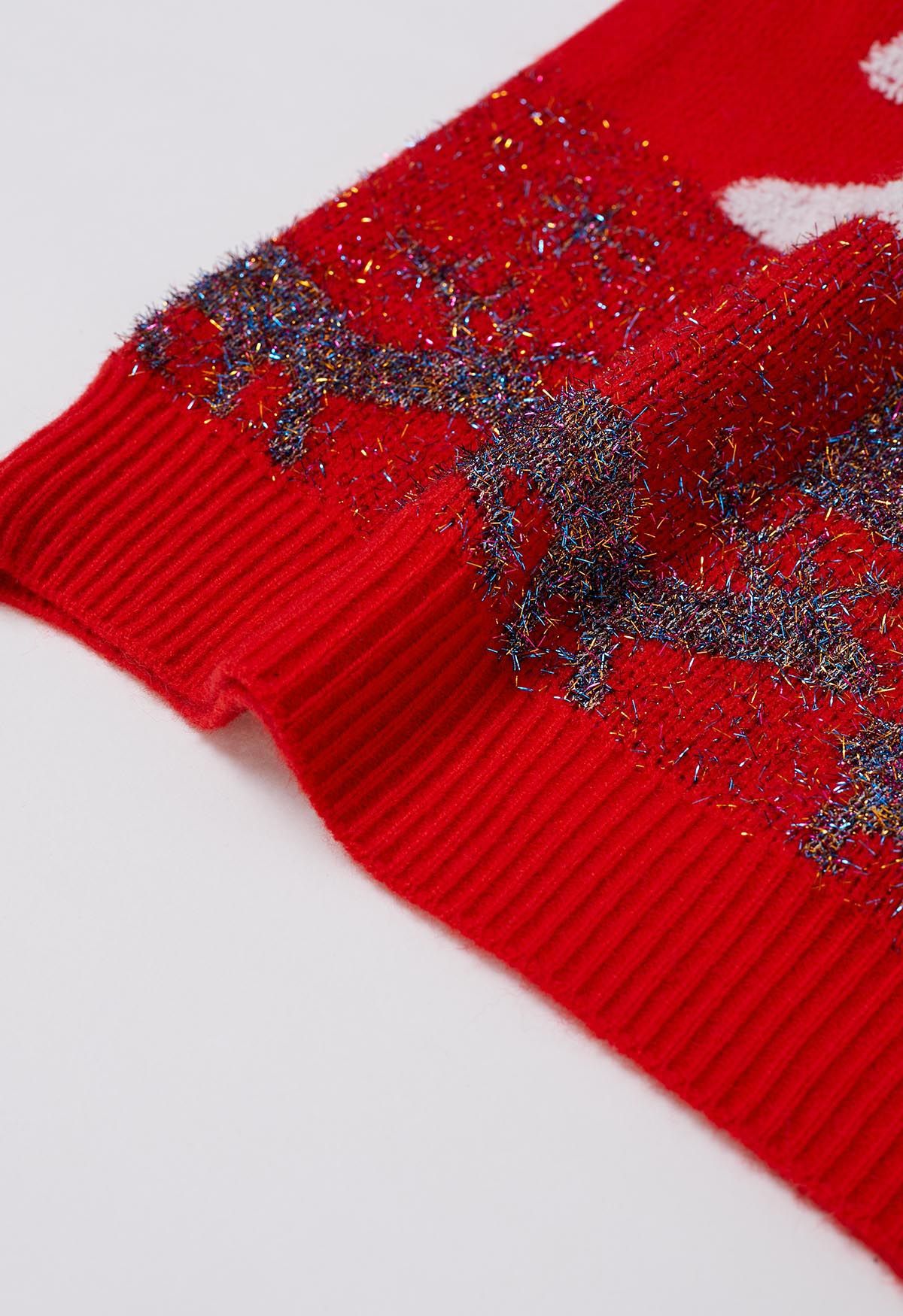 Joyful Christmas Tree and Elk Jacquard Knit Sweater in Red