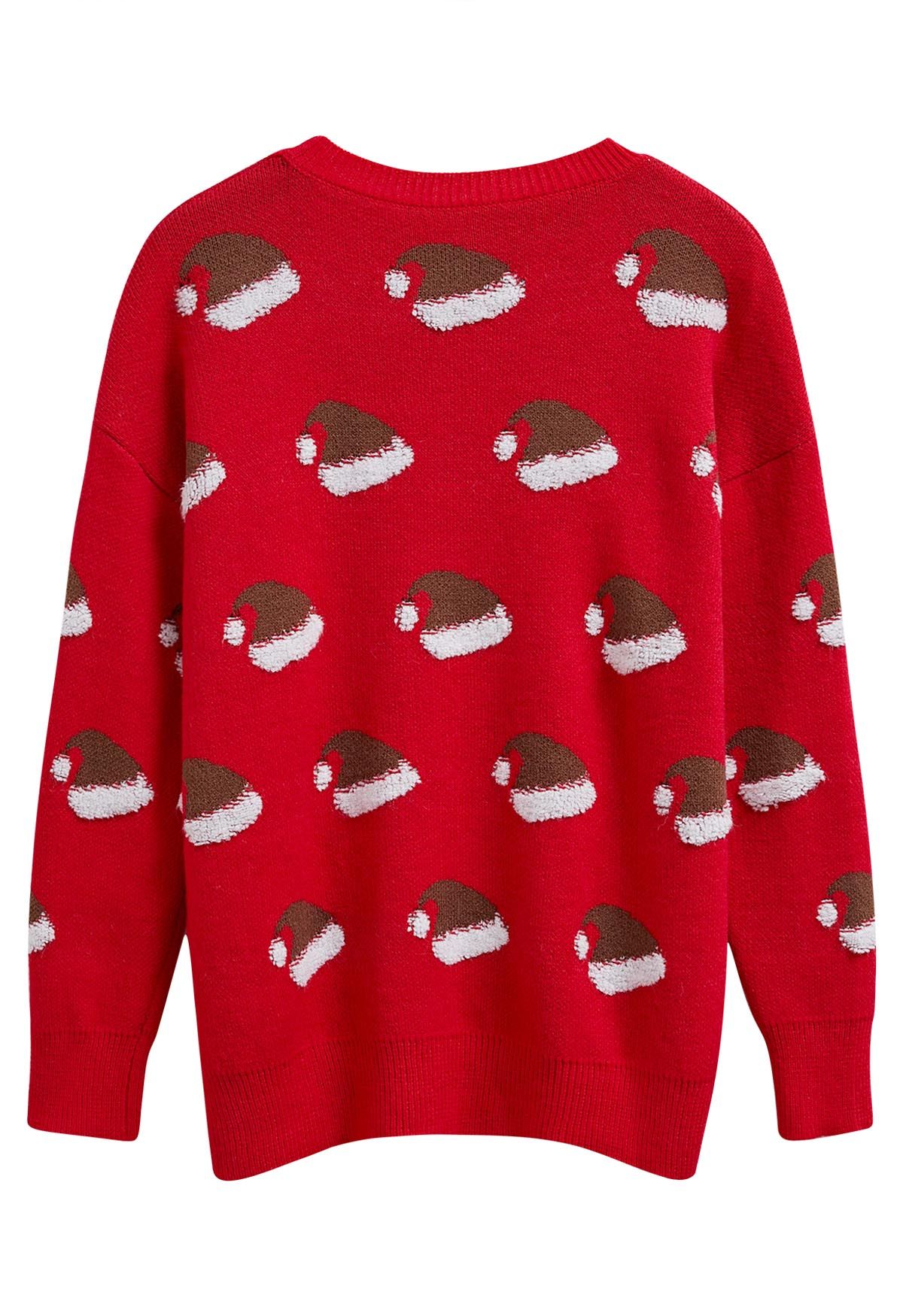 Festive Santa Hat Jacquard Knit Sweater