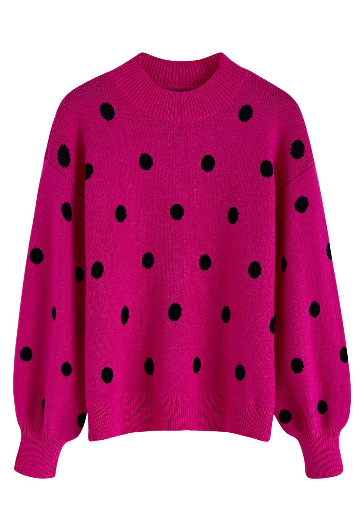 Adorable Polka Dot Mock Neck Knit Sweater in Hot Pink