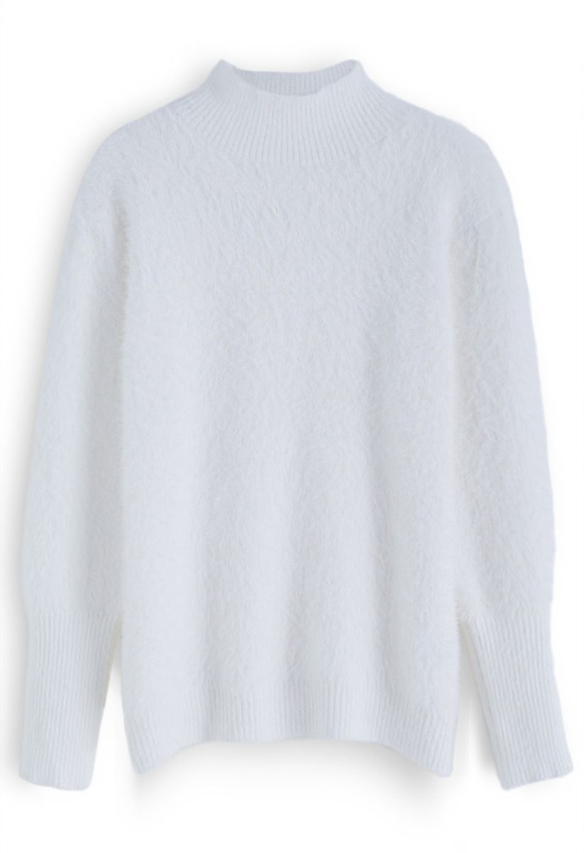 Cozy Perfection High Neck Fuzzy Knit Sweater in White