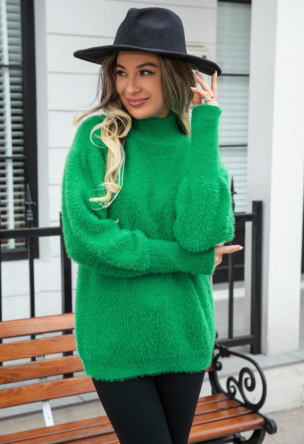 Cozy Perfection High Neck Fuzzy Knit Sweater in Green