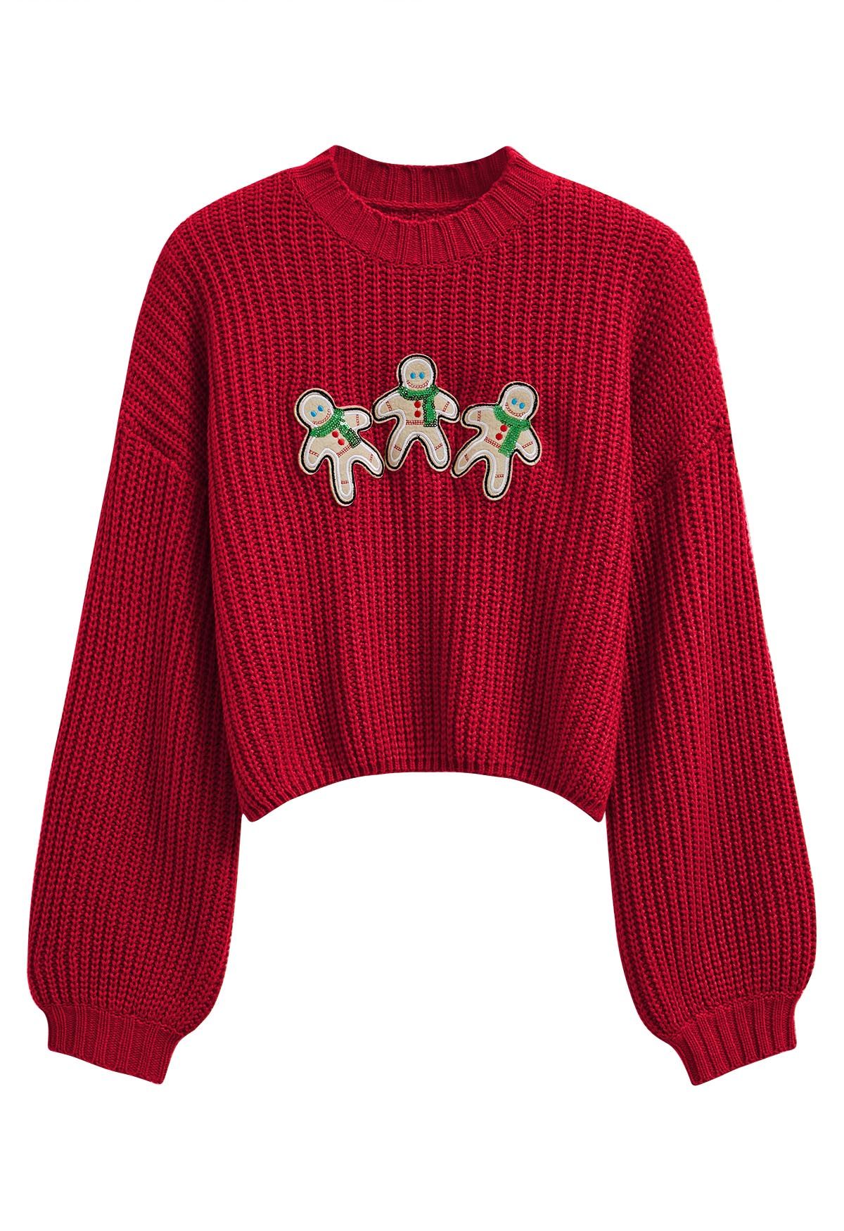 Gingerbread Man Patch Ribbed Sweater in Red