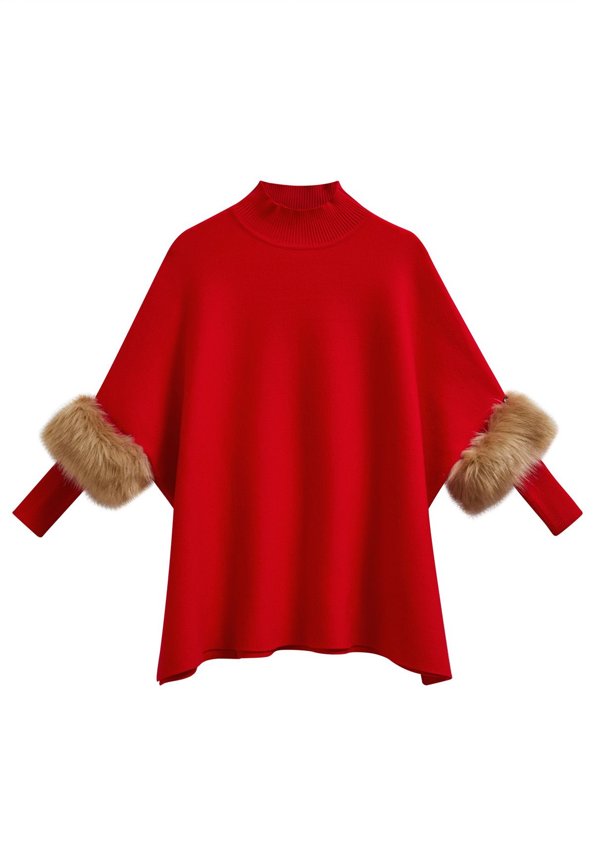 Faux Fur Sleeve Split Hem Knit Poncho in Red