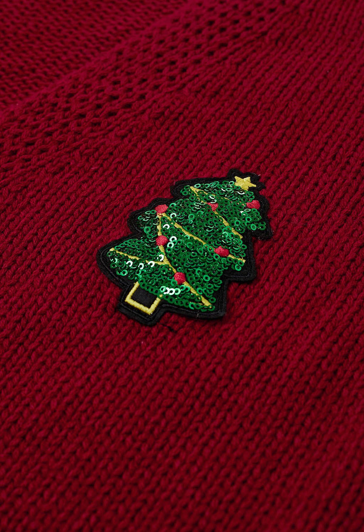 Sequin Christmas Tree Patch Button-Up Cardigan in Red