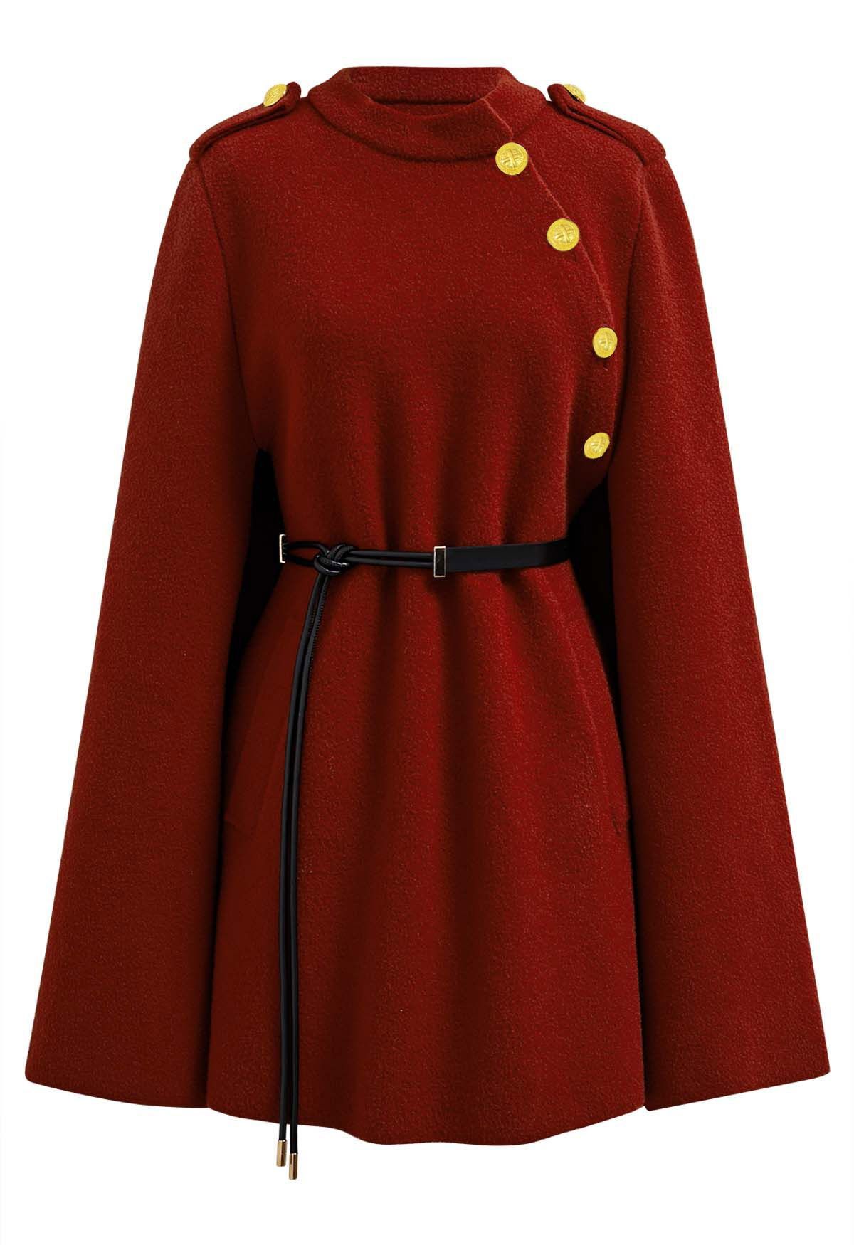 Golden Button Belted Cape Coat in Red