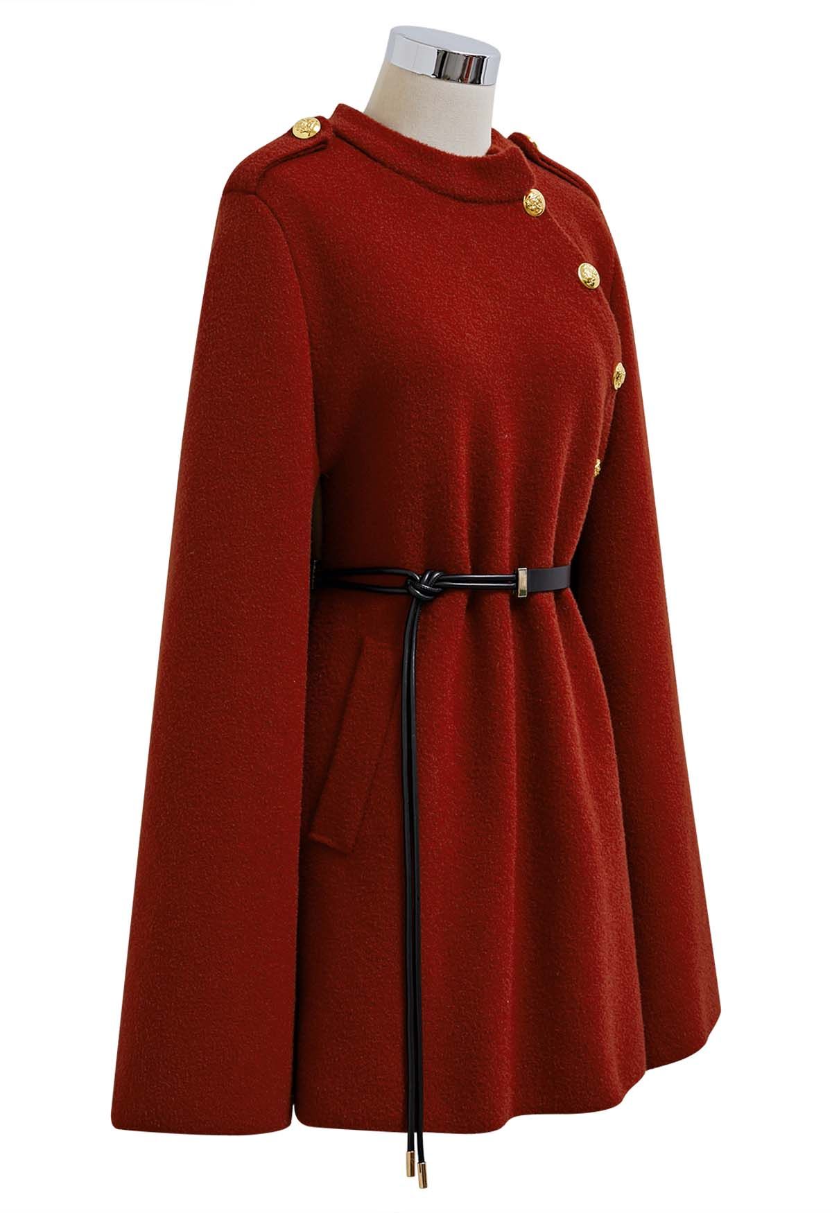 Golden Button Belted Cape Coat in Red