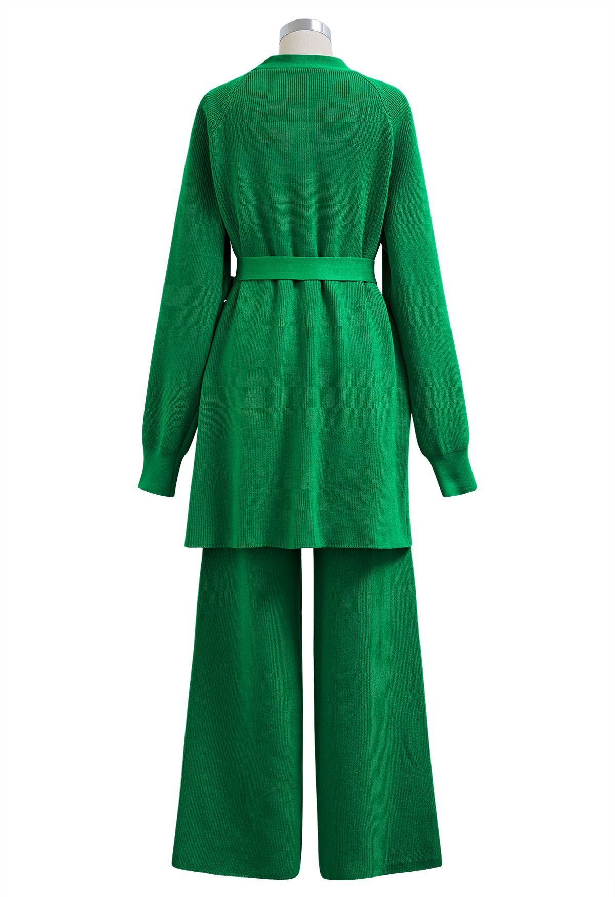 Tie-Waist Knit Cardigan and Pants Set in Green