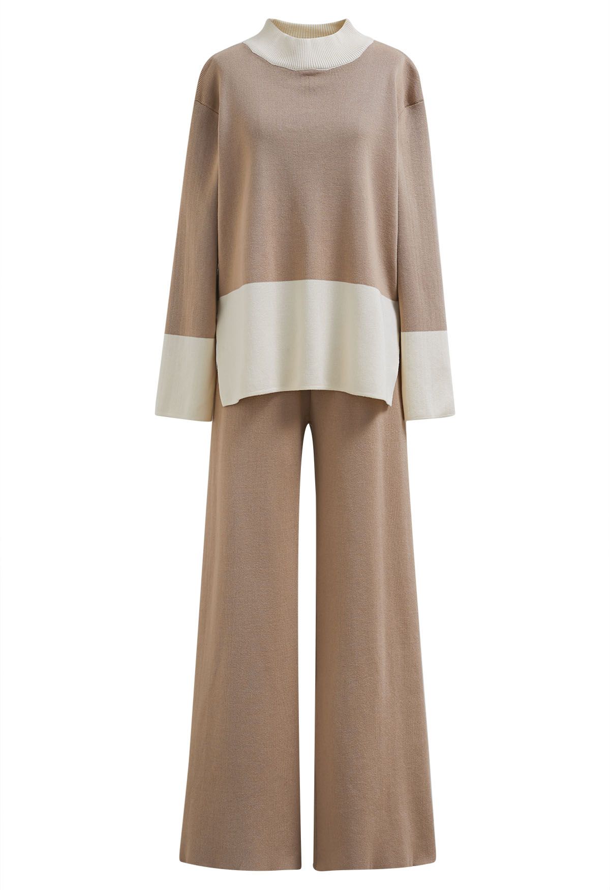 Color Block Mock Neck Knit Sweater and Pants Set in Light Tan