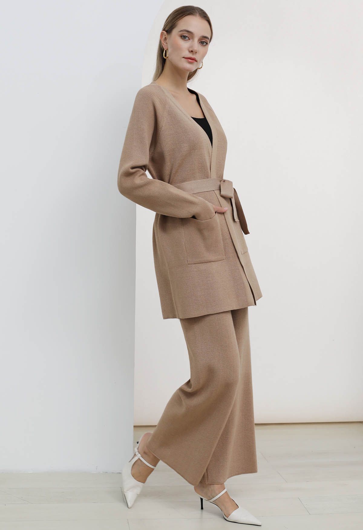 Tie-Waist Knit Cardigan and Pants Set in Camel