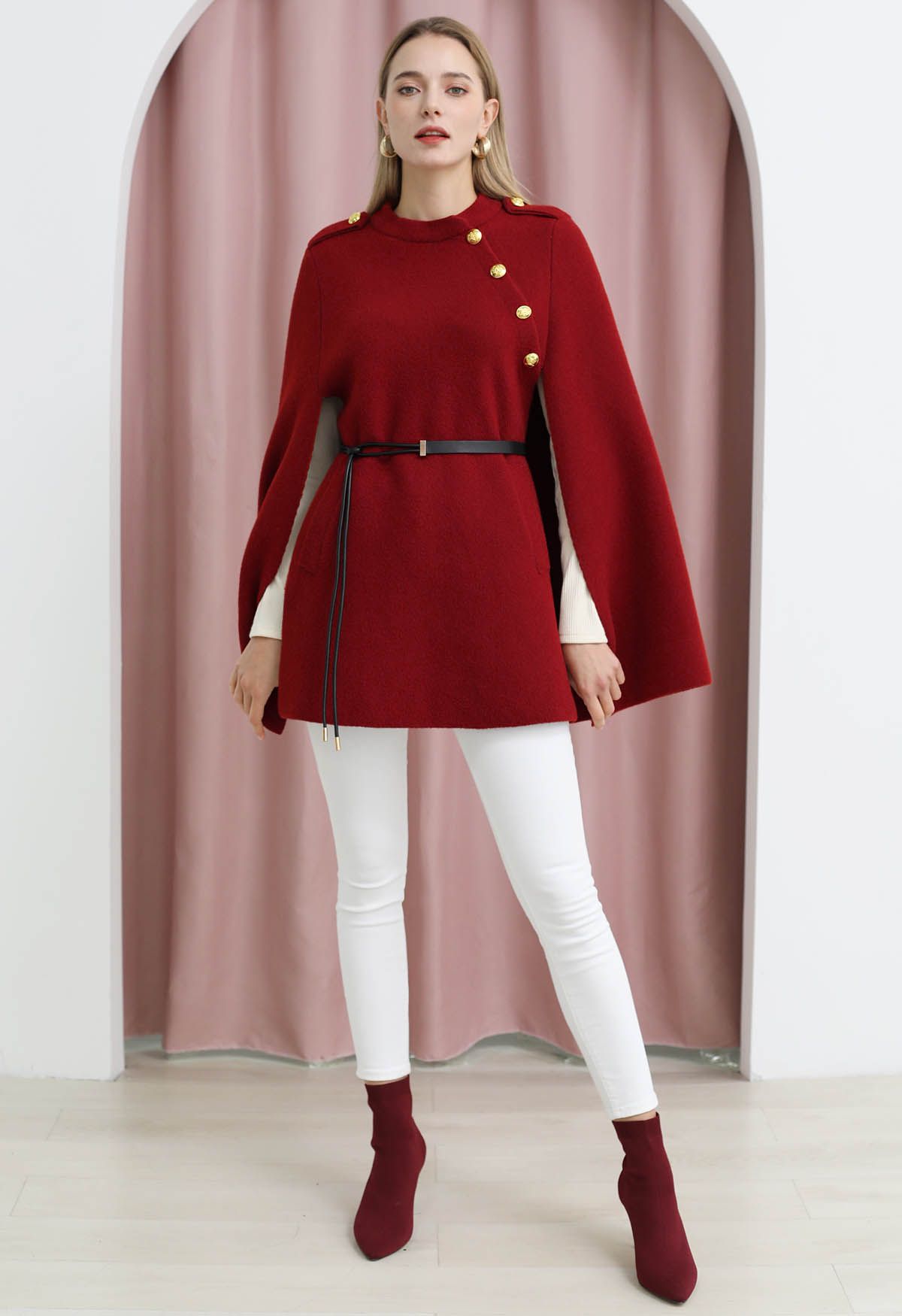 Golden Button Belted Cape Coat in Red