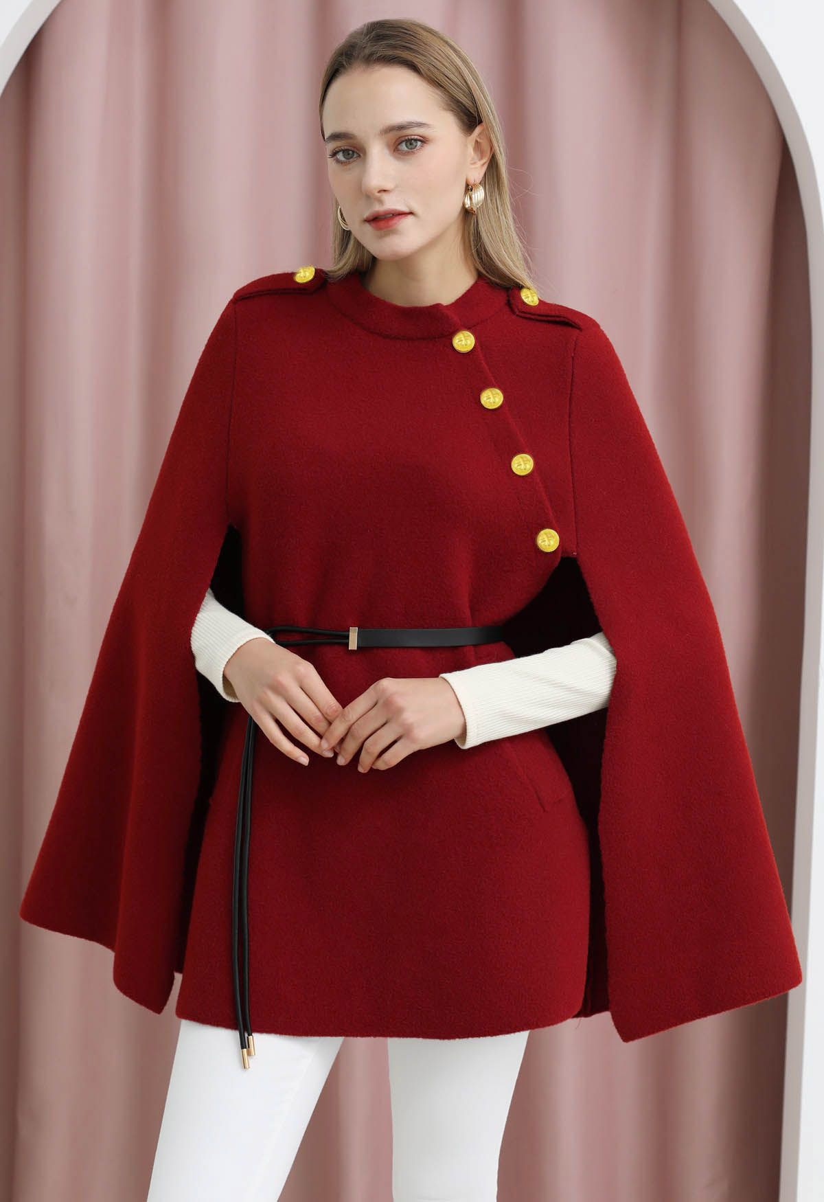 Golden Button Belted Cape Coat in Red