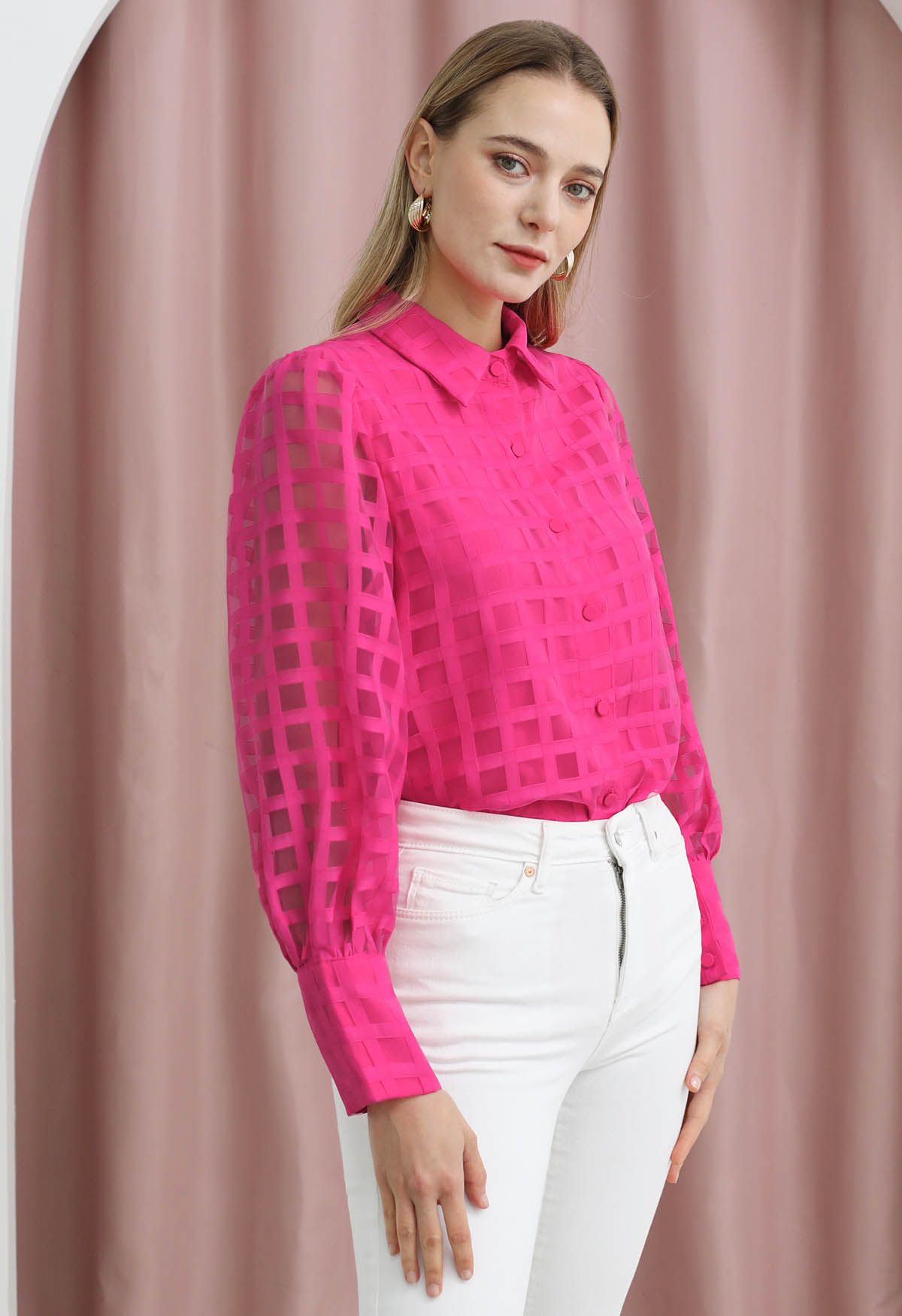 Check Pattern Button Down Shirt in Hot Pink