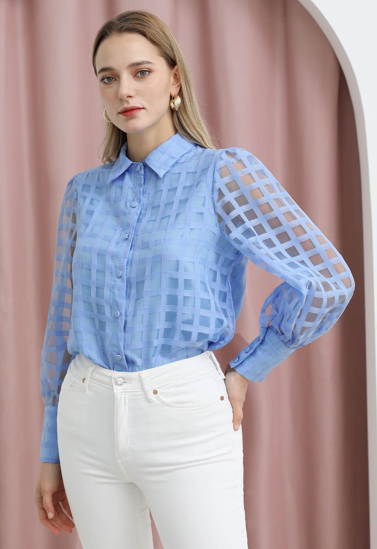 Check Pattern Button Down Shirt in Blue
