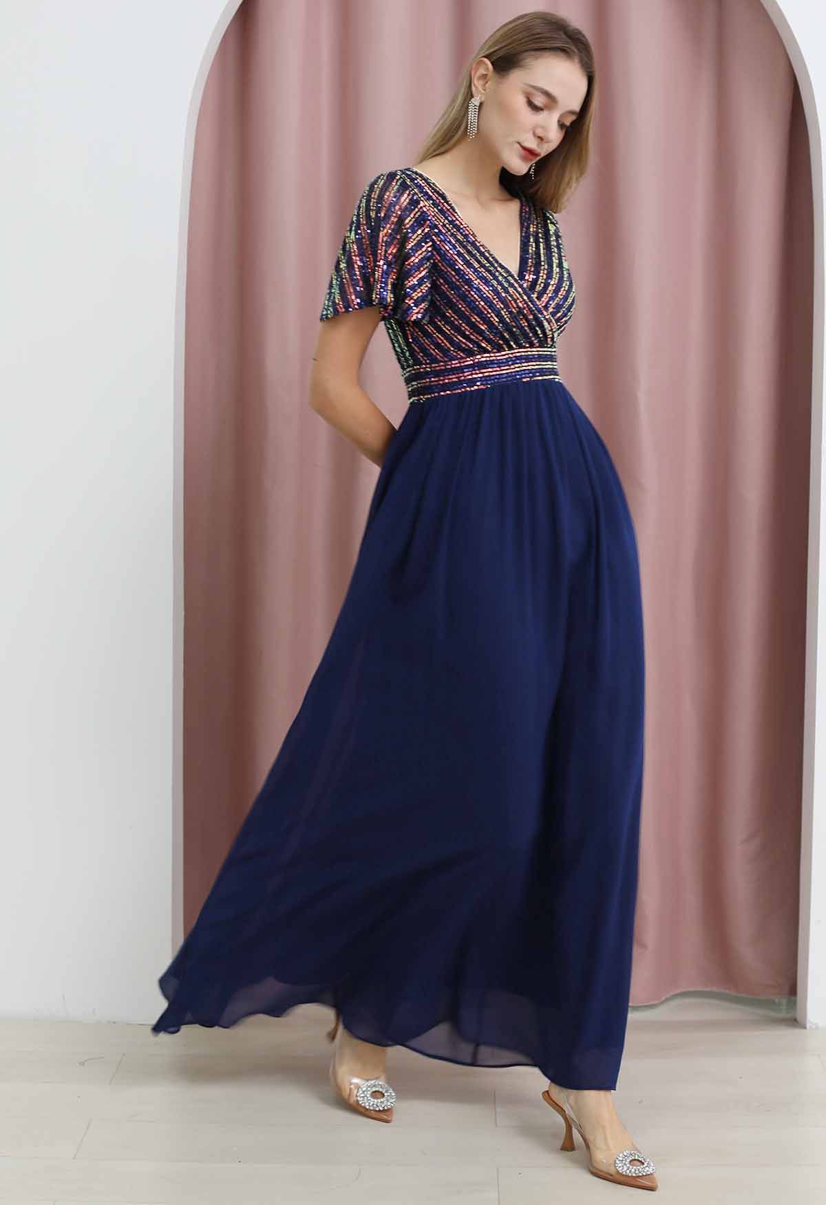 Faux-Wrap Shimmer Sequin Chiffon Maxi Gown in Navy