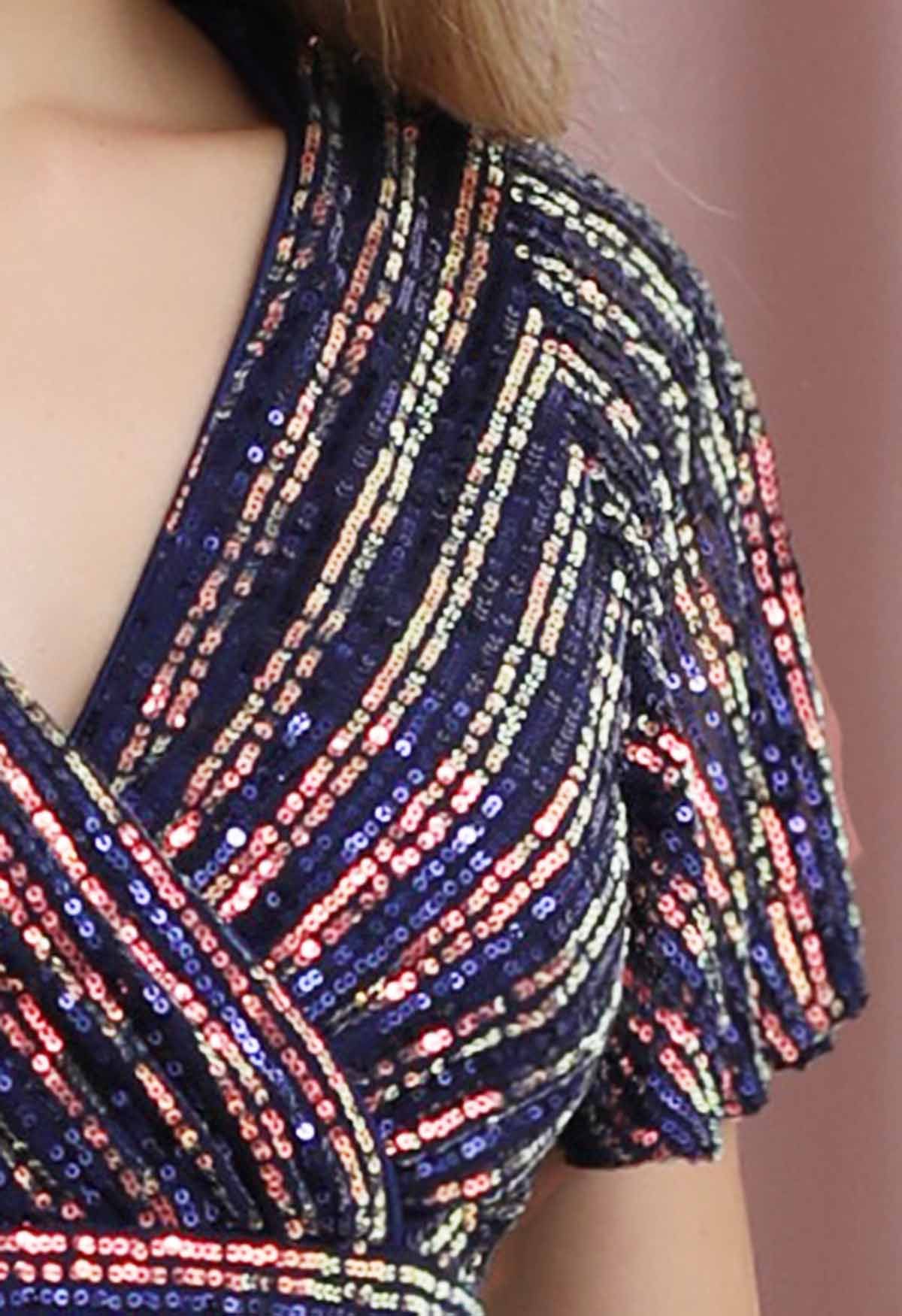 Faux-Wrap Shimmer Sequin Chiffon Maxi Gown in Navy