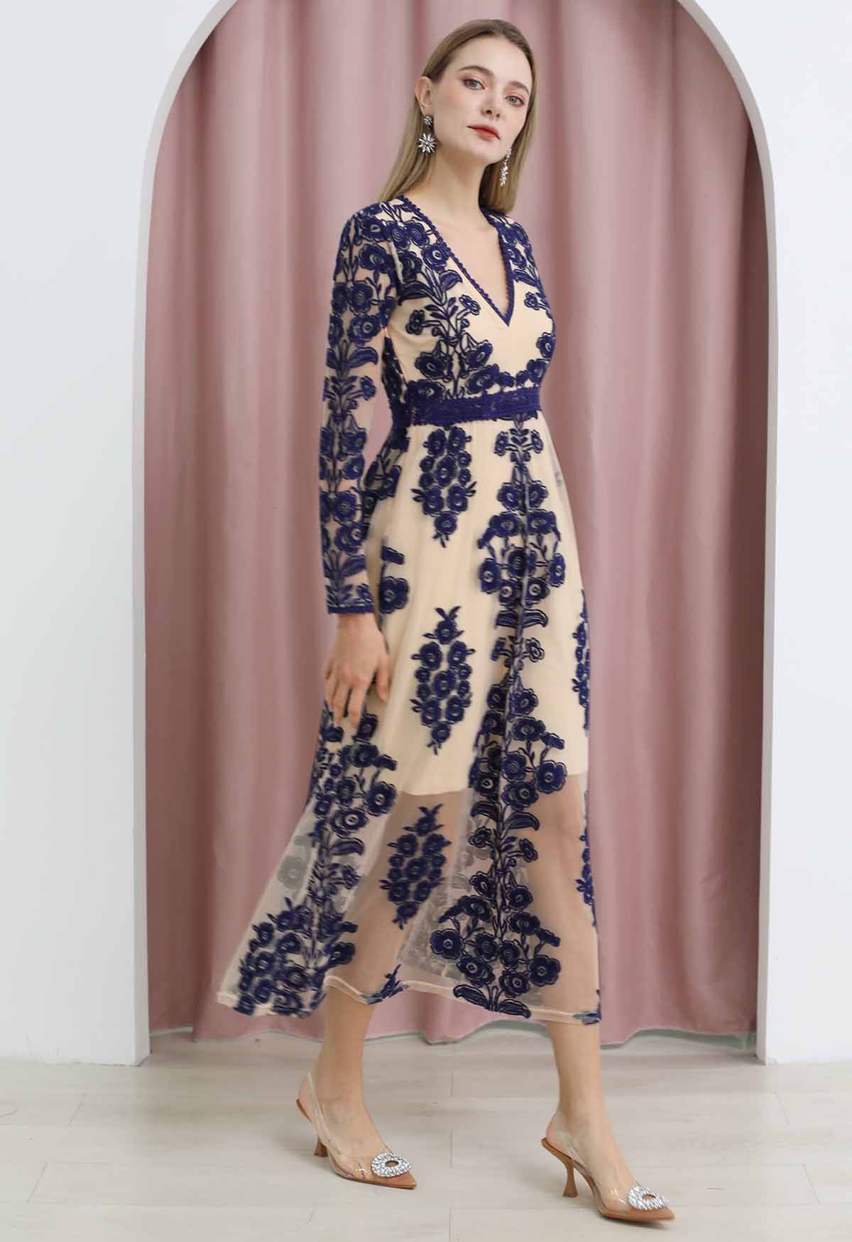 V-Neck Floral Embroidered Mesh Maxi Dress in Navy