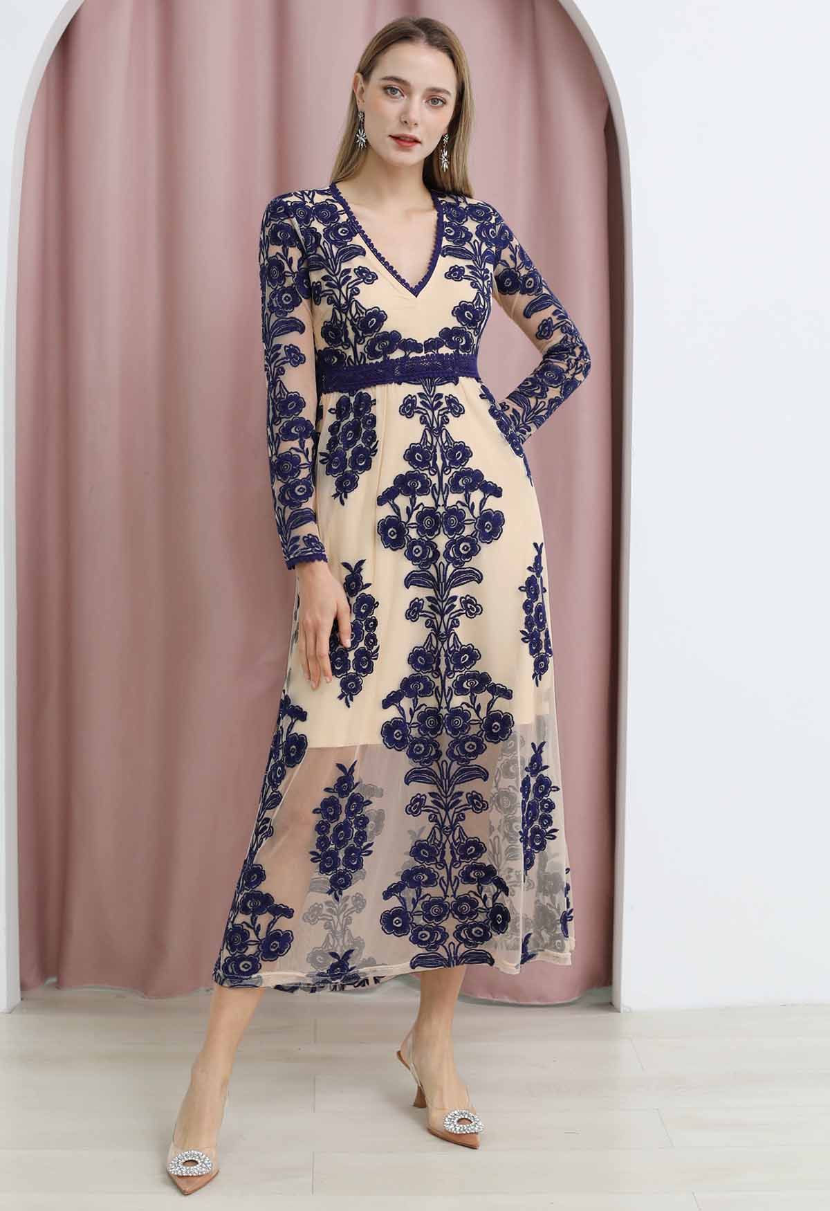 V-Neck Floral Embroidered Mesh Maxi Dress in Navy