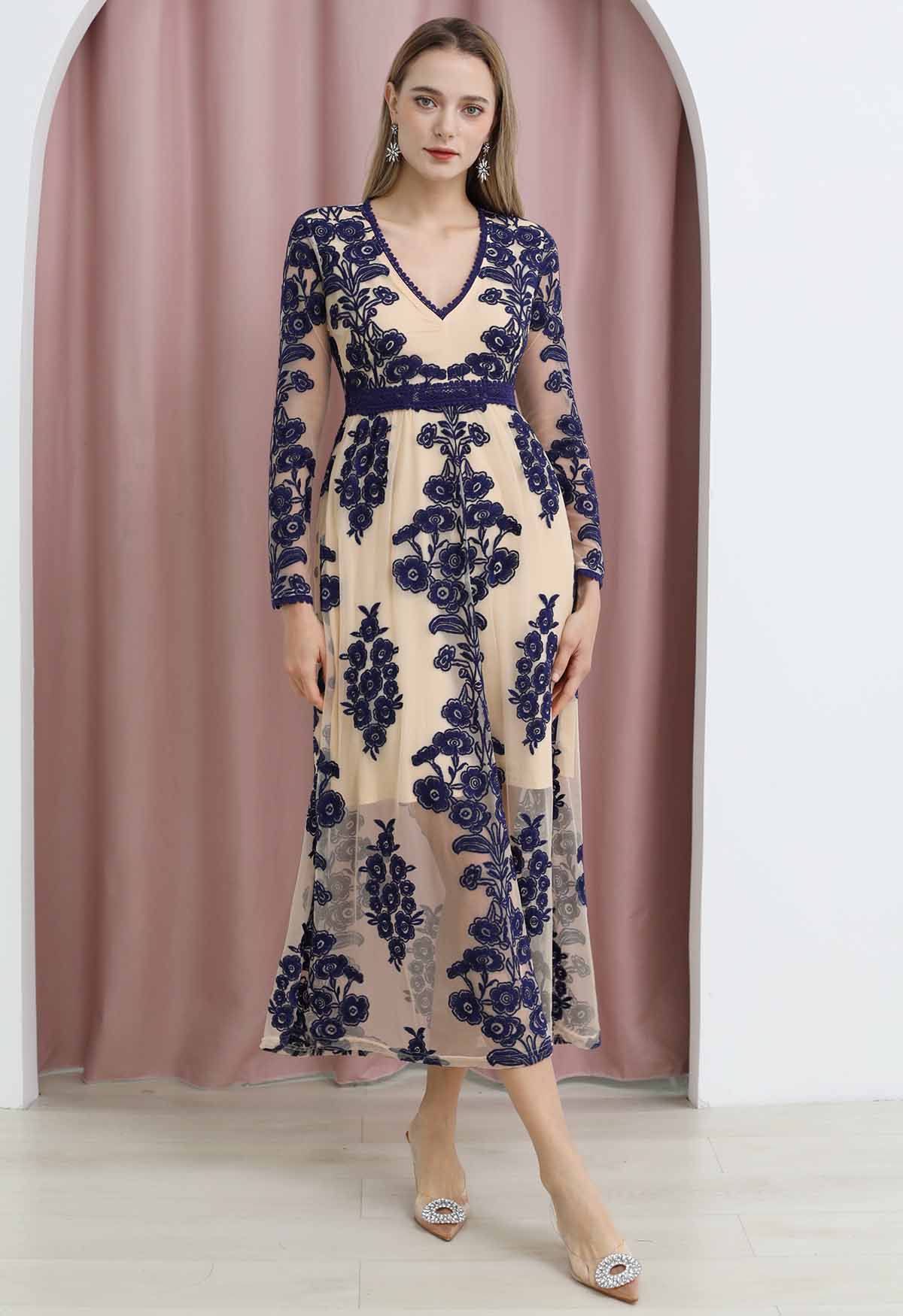 V-Neck Floral Embroidered Mesh Maxi Dress in Navy