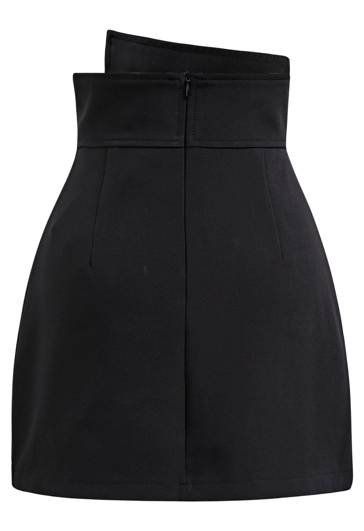 Asymmetric Buttoned Flap Mini Skirt in Black