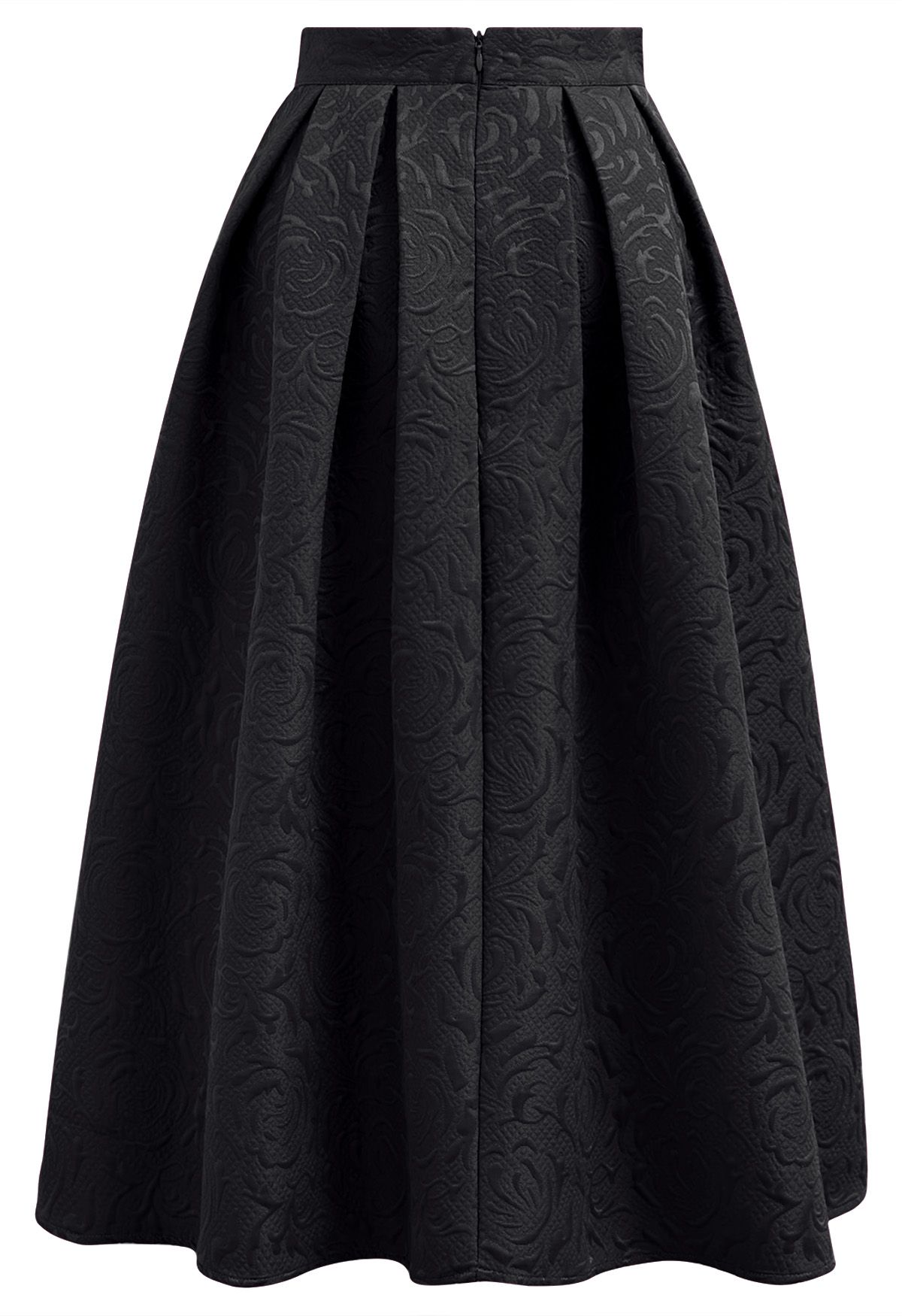 Embossed Floral Pleated Flare Midi Skirt in Black