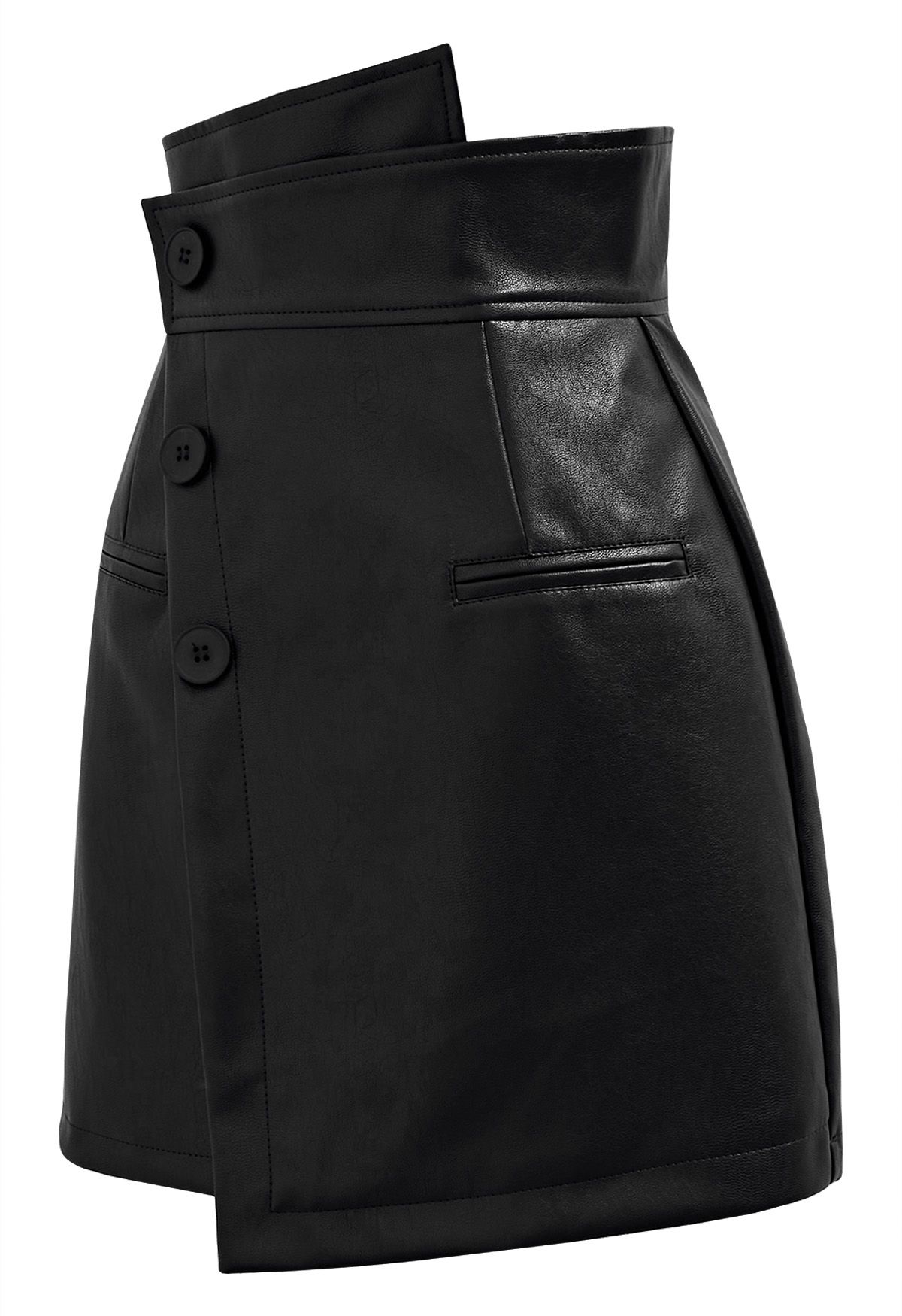 Faux Leather Asymmetric Buttoned Flap Mini Skirt in Black